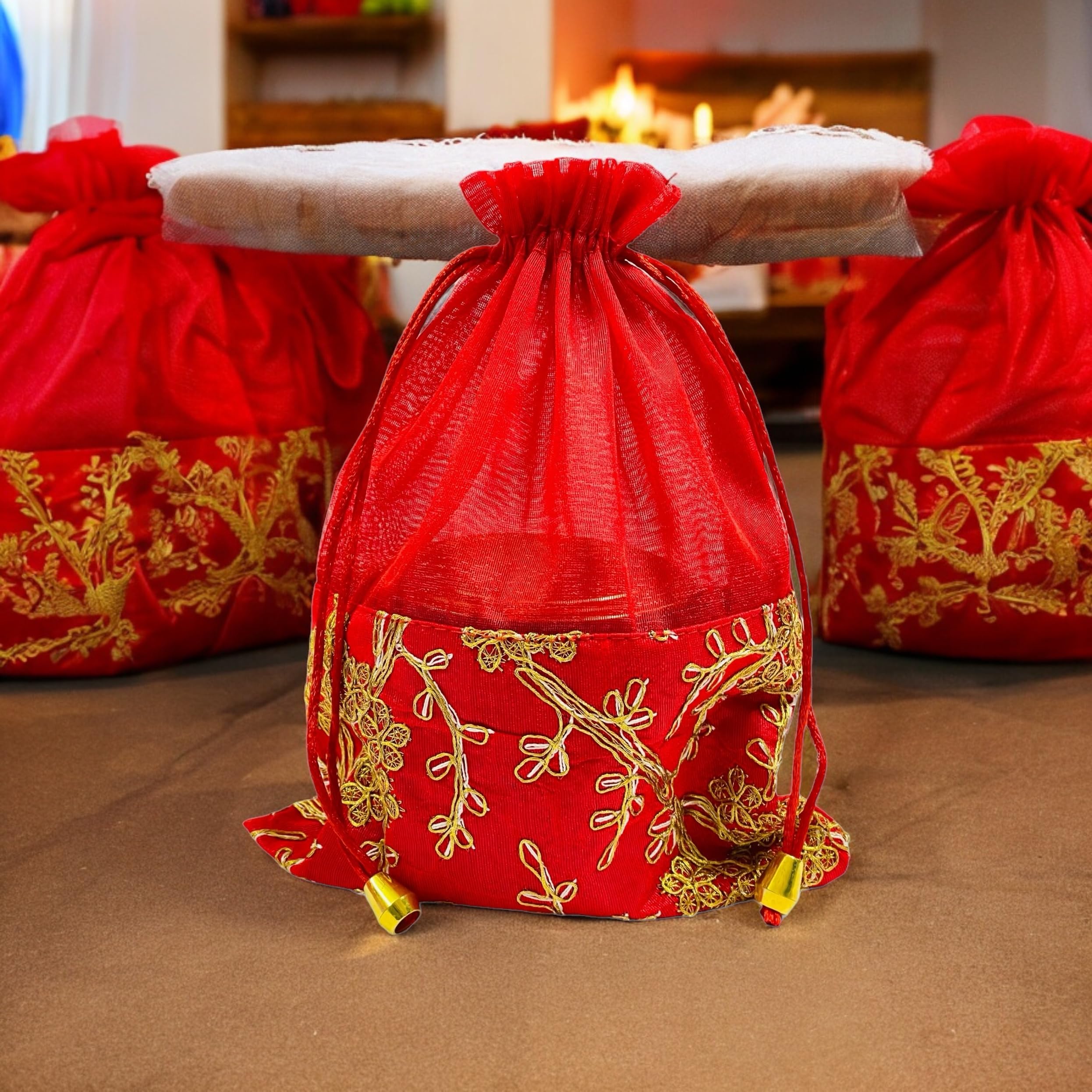 KRIWIN Pack of 10 Women's Silk Drawstring Closure Embroided Gift Potli Bags Pouches 9 X 7 inch Capacity- 450 gram (Red) 4