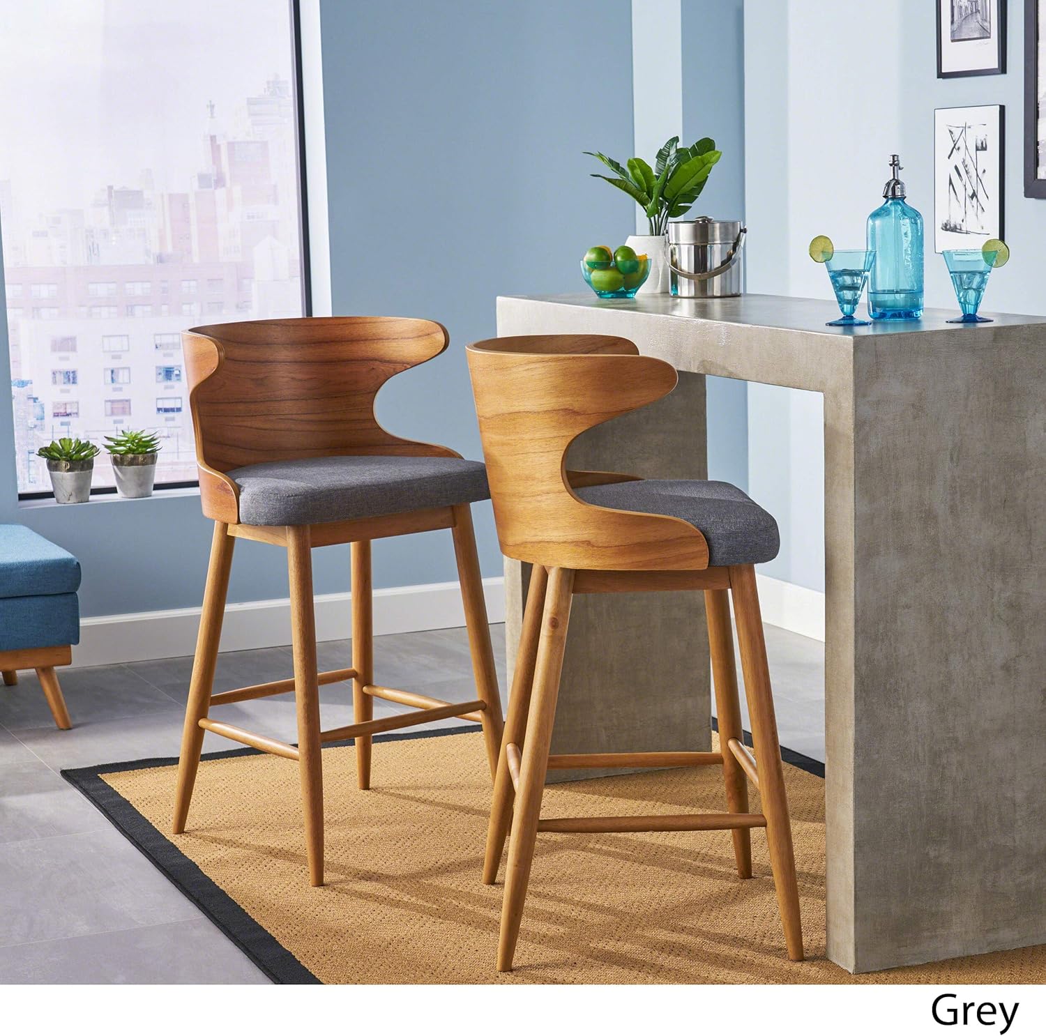 Christopher Knight Home Truda Mid Century Modern Fabric Barstools | Set of 2 | in Light Grey, Natural