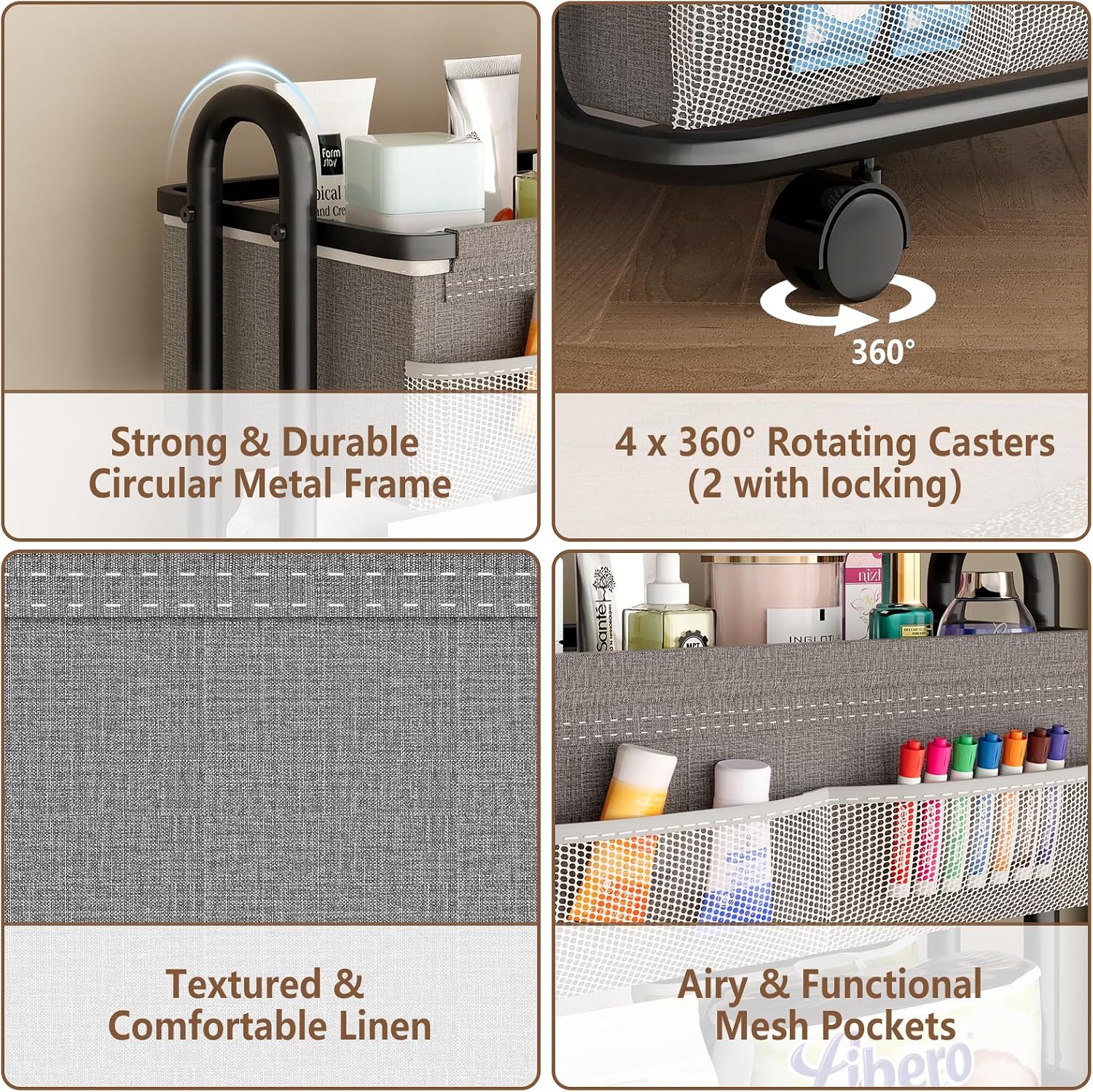 3-Tier Baby Diaper Caddy Organizer Cart, Mobile Nursery Storage Carts with Wheels, 3 Dividers & 6 Mesh Pockets Durable Metal Utility Cart for Nursery, Bedroom, Bathroom, Baby Essentials Organization