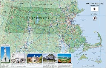Tiger Moon Pictorial Map of Massachusetts - 23.3 x 16.5 Inches - Full Color, Laminated