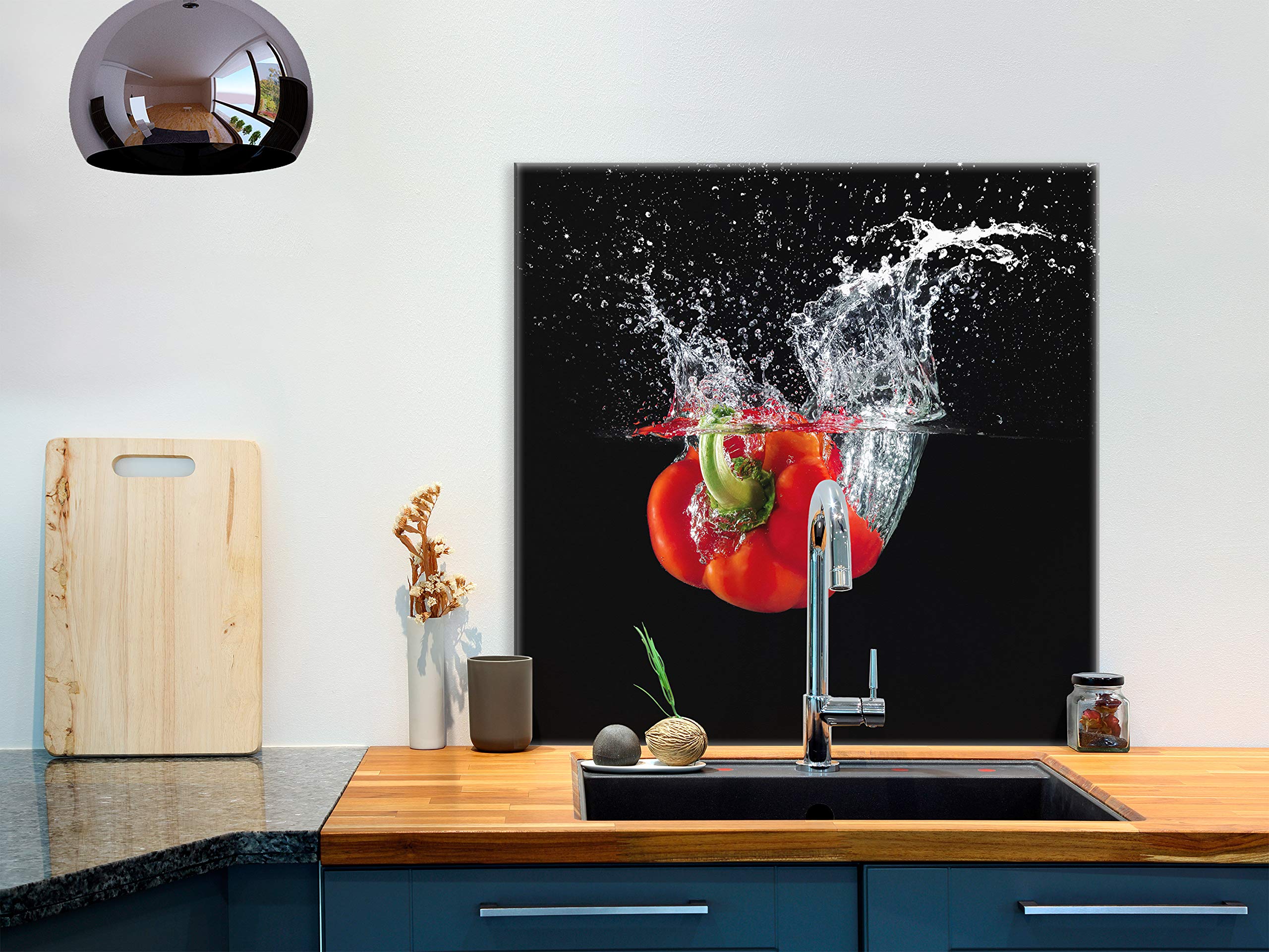 TMK I Crédence de cuisine, anti-éclaboussures, en verre trempé, 60 x 65 cm, verre décoratif avec ruban adhésif autocollant, crédence arrière en verre de cuisine, noir tomate