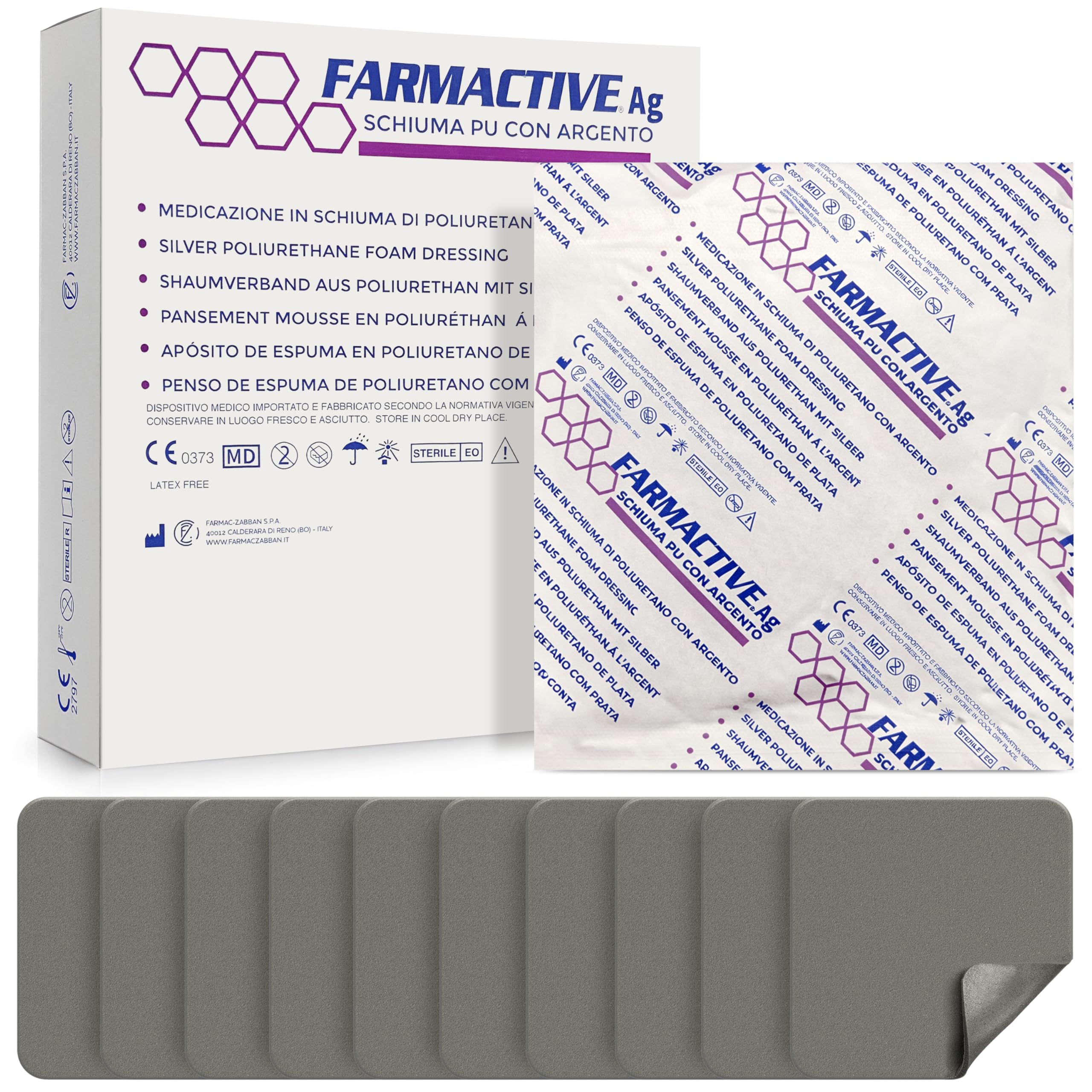 Medicazione in schiuma di Poliuretano con Argento Non adesiva 10x10 cm (10 pz) - per ulcere da pressione, ferite e lesioni FARMACTIVE Ag