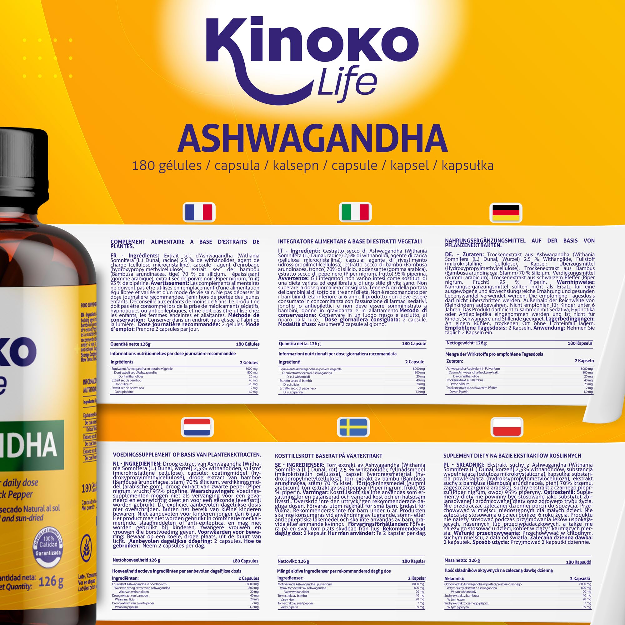 ASHWAGANDHA 800 mg – 180 Cápsulas | Extracto 10:1 con Pimienta Negra (Piperina) | Adaptógeno y Nootrópico Natural para el Estrés, Cortisol y Energía Mental – Kinoko Life