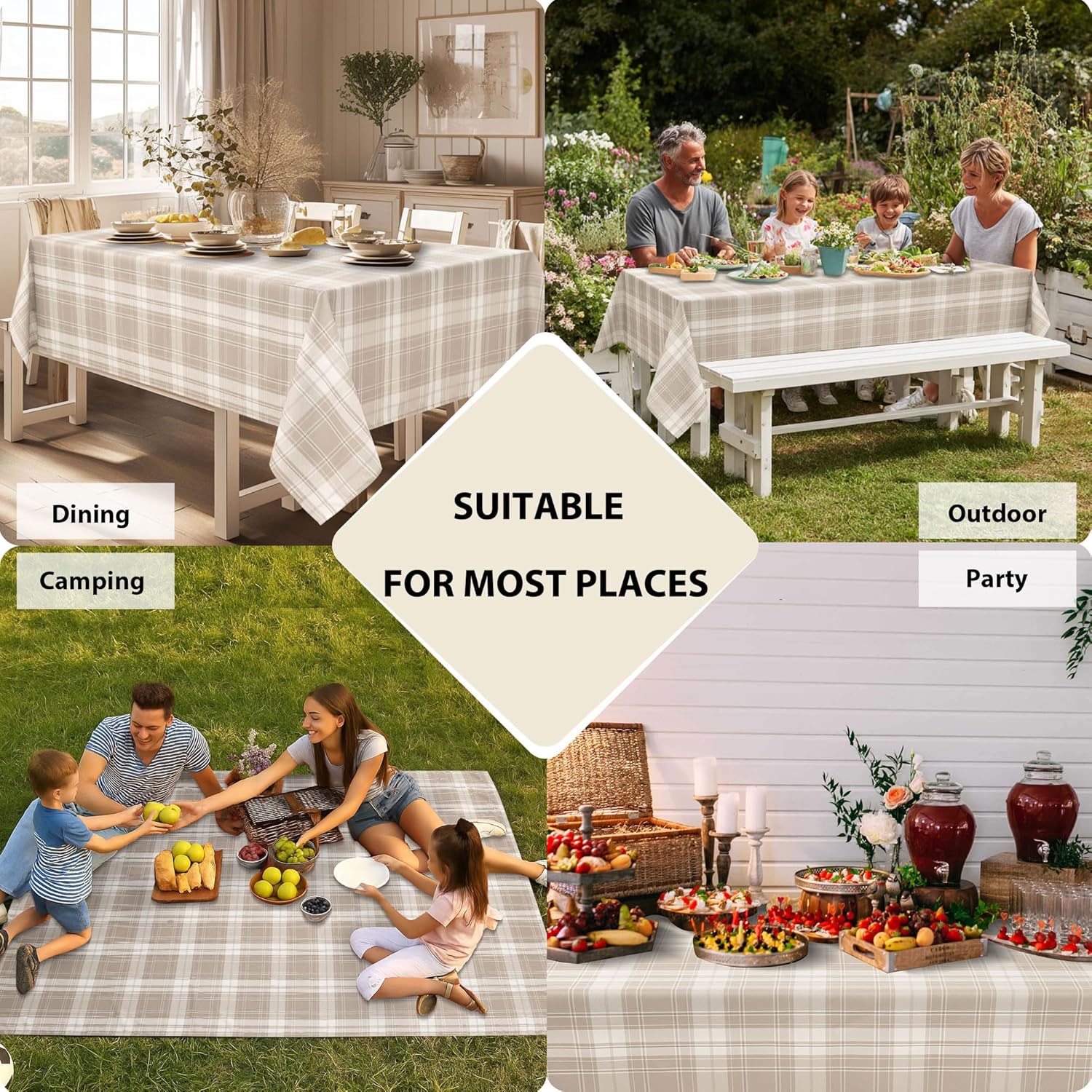 Hiasan 60 x 120 Inch Checkered Tablecloth Rectangle - Waterproof, Wrinkle Resistant and Washable Buffalo Plaid Table Cloth, Gingham Table Covers for Picnic Dinner Kitchen Birthday Party, Khaki