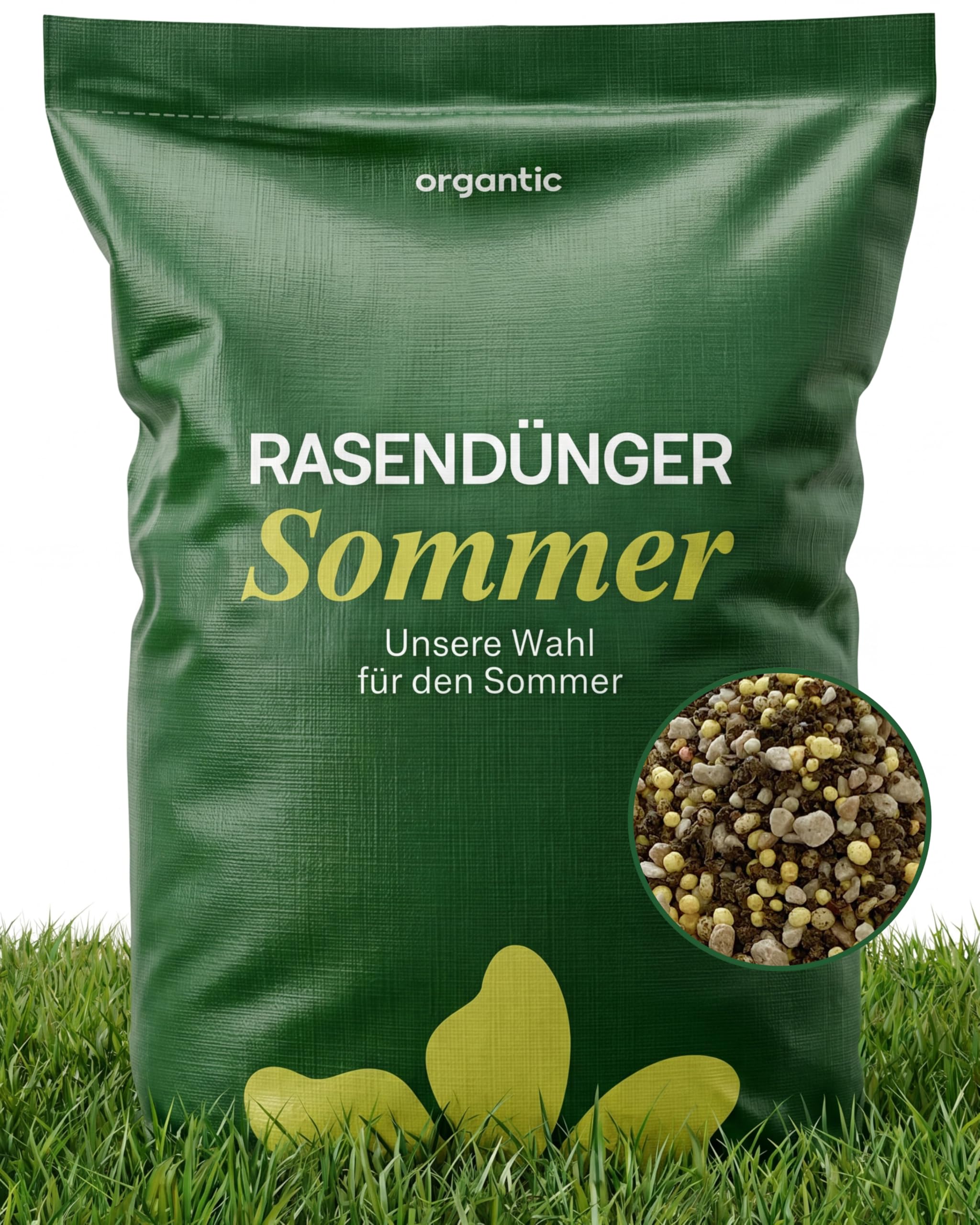 Organtic Sommerrasendünger 20kg, Dünger für sattgrünen Rasen, bekämpft Moos, für Streuwagen