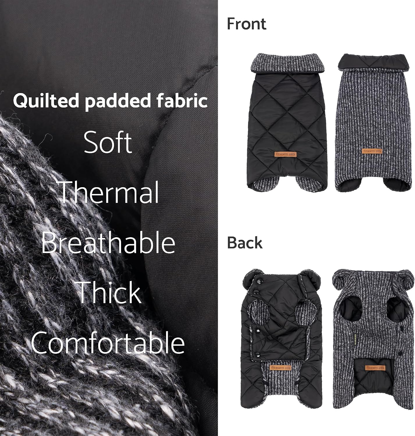 Fitwarm Reversible Quilted Dog Coat, Knitted Winter Clothes for Small Dogs Boy Girl, Windproof Thermal Pet Jacket, Black, Grey, Large