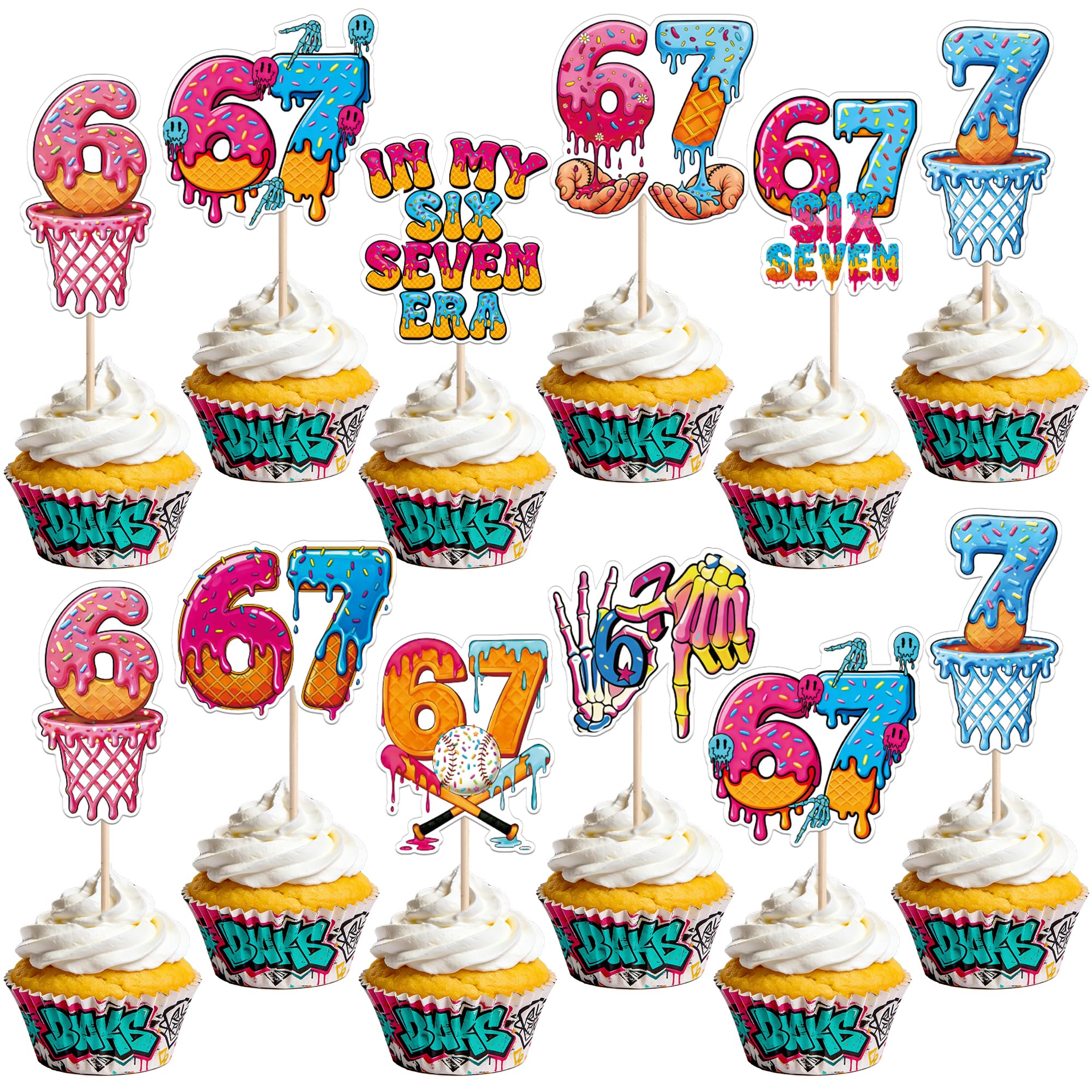 Xsstarmi 36 Pack Funny Six Seven Birthday Cupcake Toppers Gen Alpha Slang Cupcake Picks for Birthday Anniversary Party Cake Decorations Supplies 颜色