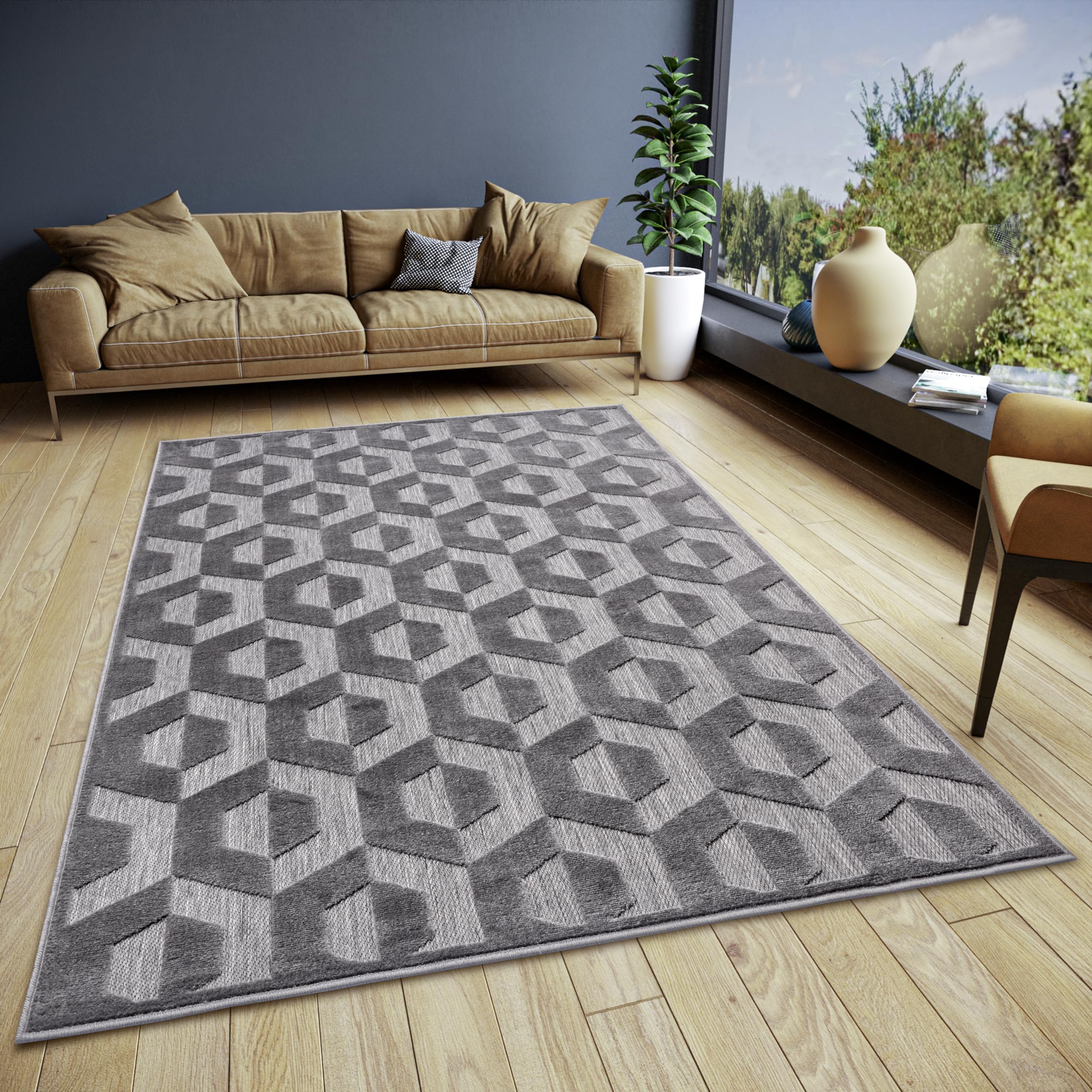 Hanse Home Hexa Design Tapis de Salon - Tissage Plat Moderne - Motif géométrique à Losanges - Style scandinave - pour Salle à Manger, Chambre d'enfant, Couloir - Gris Noir, 133 x 190 cm