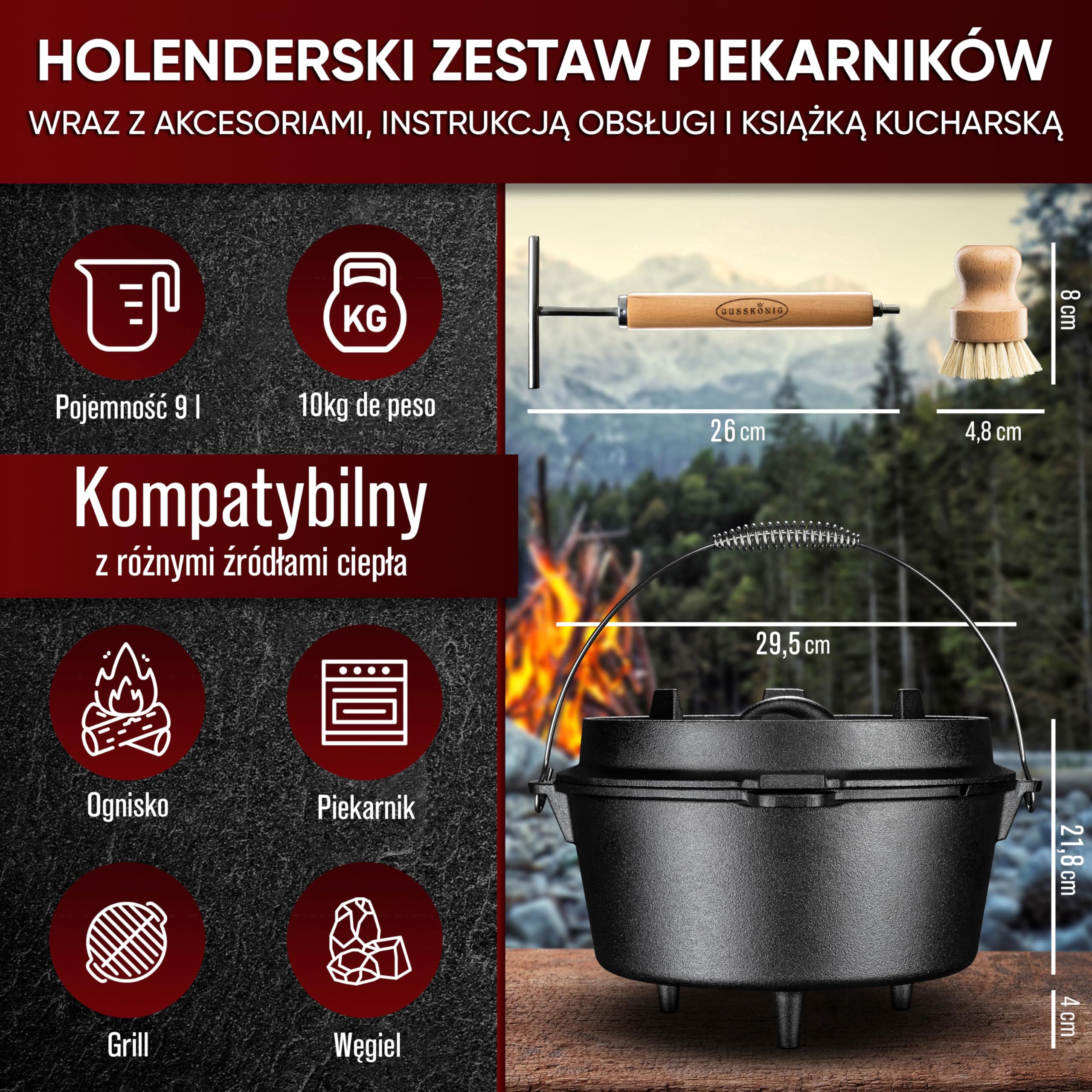 "ZESTAW GARNEK ŻELIWNY GUSSKÖNIG - Wstępnie przyprawiona patelnia żeliwna - 9 litrów - Podwójna funkcja patelni żeliwnej - Garnek żeliwny z pokrywką - Żeliwna forma do zapiekania z pokrywką.