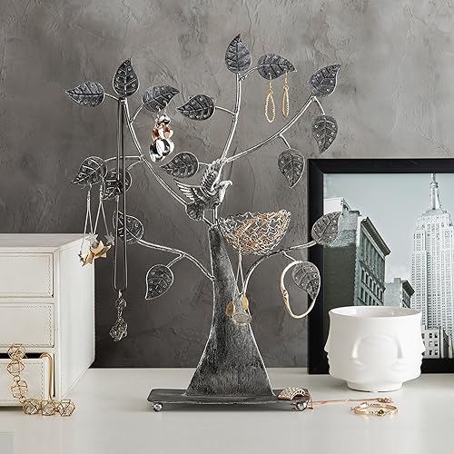 Miniatura 6 de MyGift Árbol de joyería de metal plateado con nido de pájaro, capacidad para hasta 48 pares de aretes