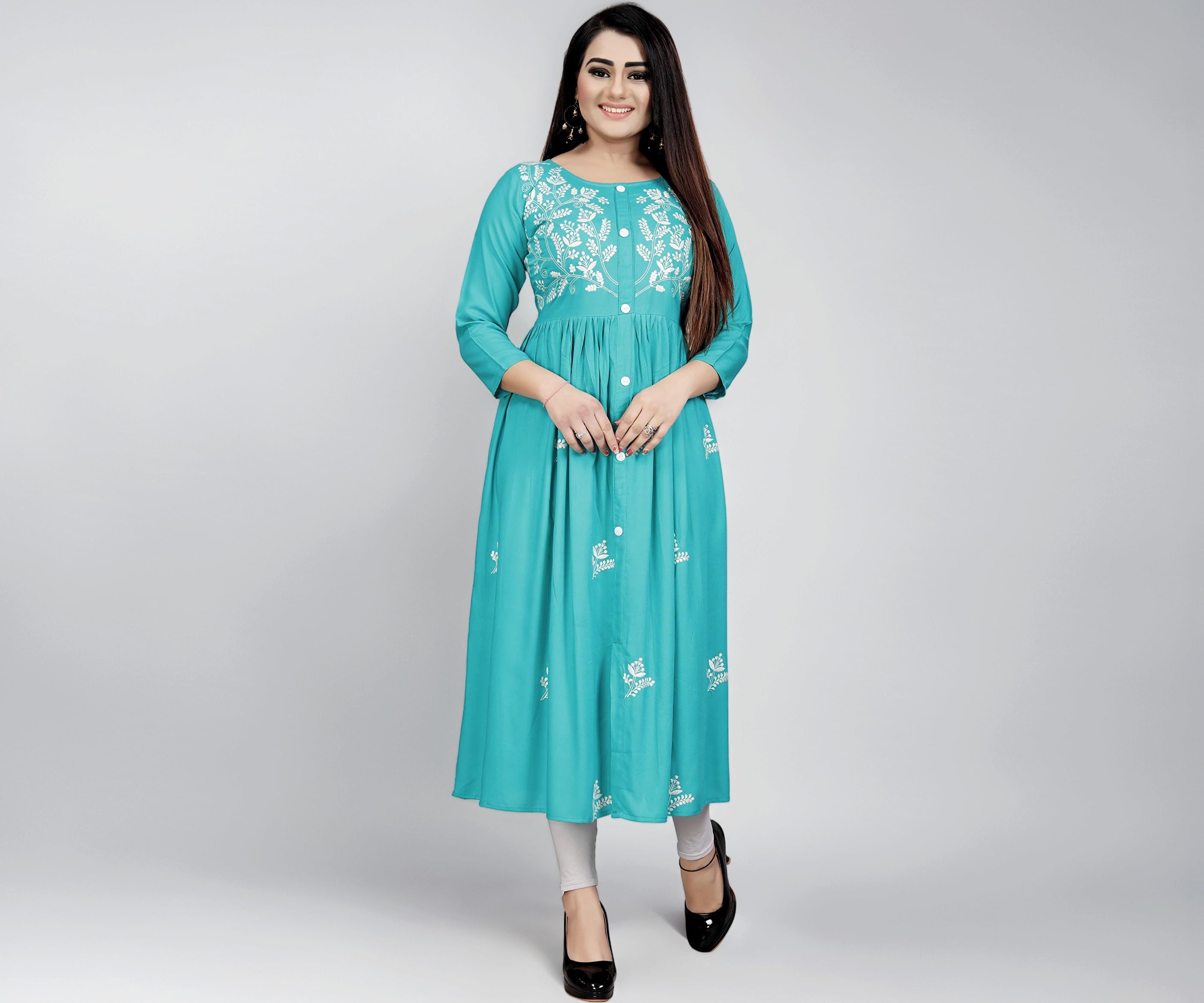 Women's Rayon Flared Embroidery Kurti Under 599 Designer Attractive Look Women's Kurta