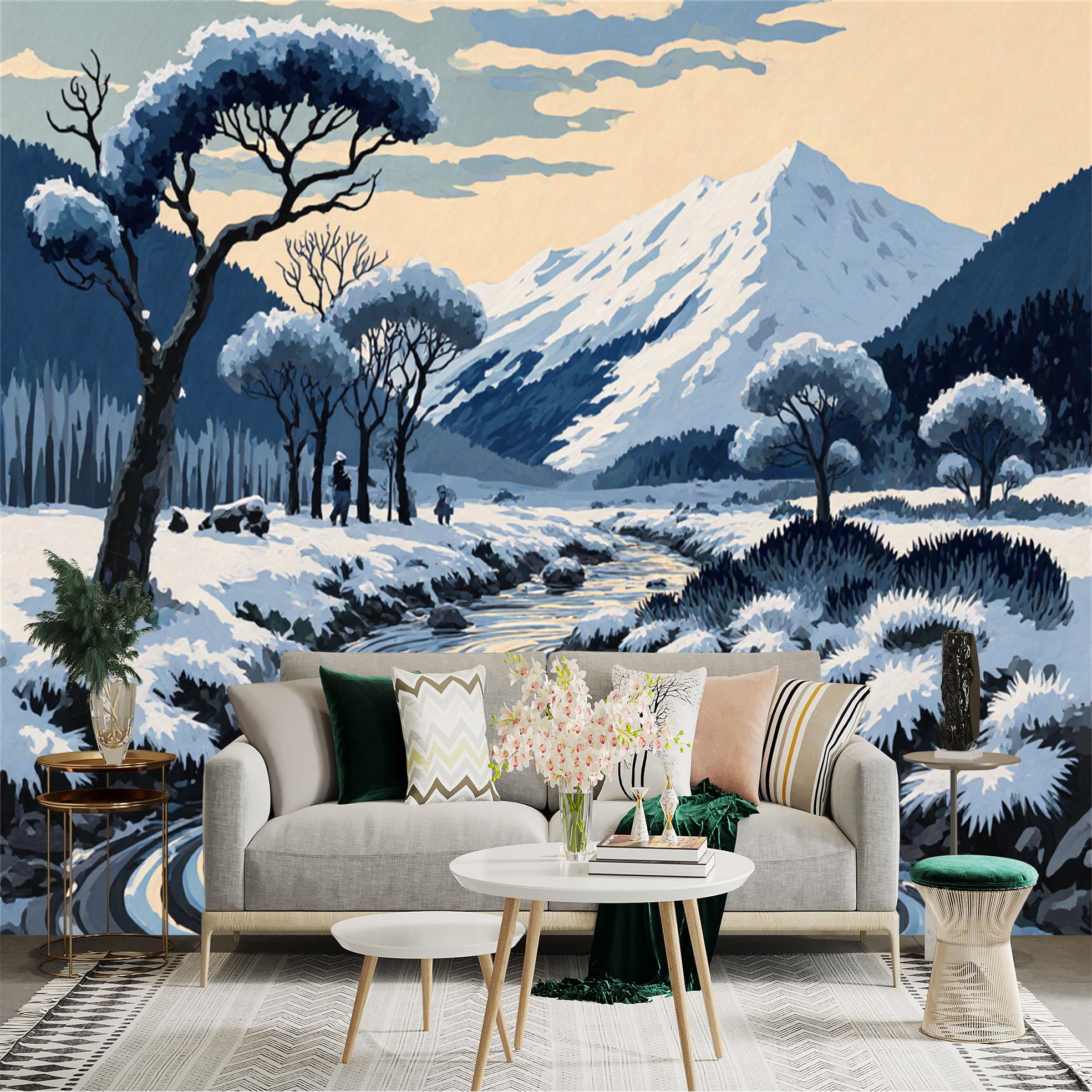 Custom Size Wall Sticker Mural， Snowy Mountain Landscape with River and Winter Trees， for wall Decoration， peelandstick wall Decals.