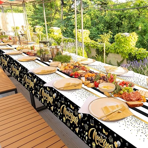 Miniatura 8 de 3 manteles de Año Nuevo, manteles desechables de plástico negro y dorado para Año Nuevo, manteles rectangulares para decoración y suministros de