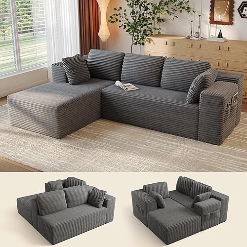 Gizoon 105" Cloud Sectional Couch with L-Shape Chaise, Modular Boneless Sofa for Living Room, Upholstered Corduroy Couch with Deep Seat, No Assembly Required (Grey, Left Facing Chaise)