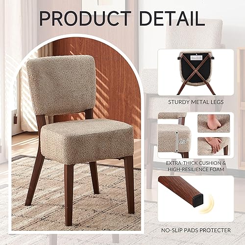 Miniatura 4 de Juego de 2 sillas de comedor tapizadas, modernas sillas de cocina apilables de tela de mediados de siglo con patas de metal de grano de madera de