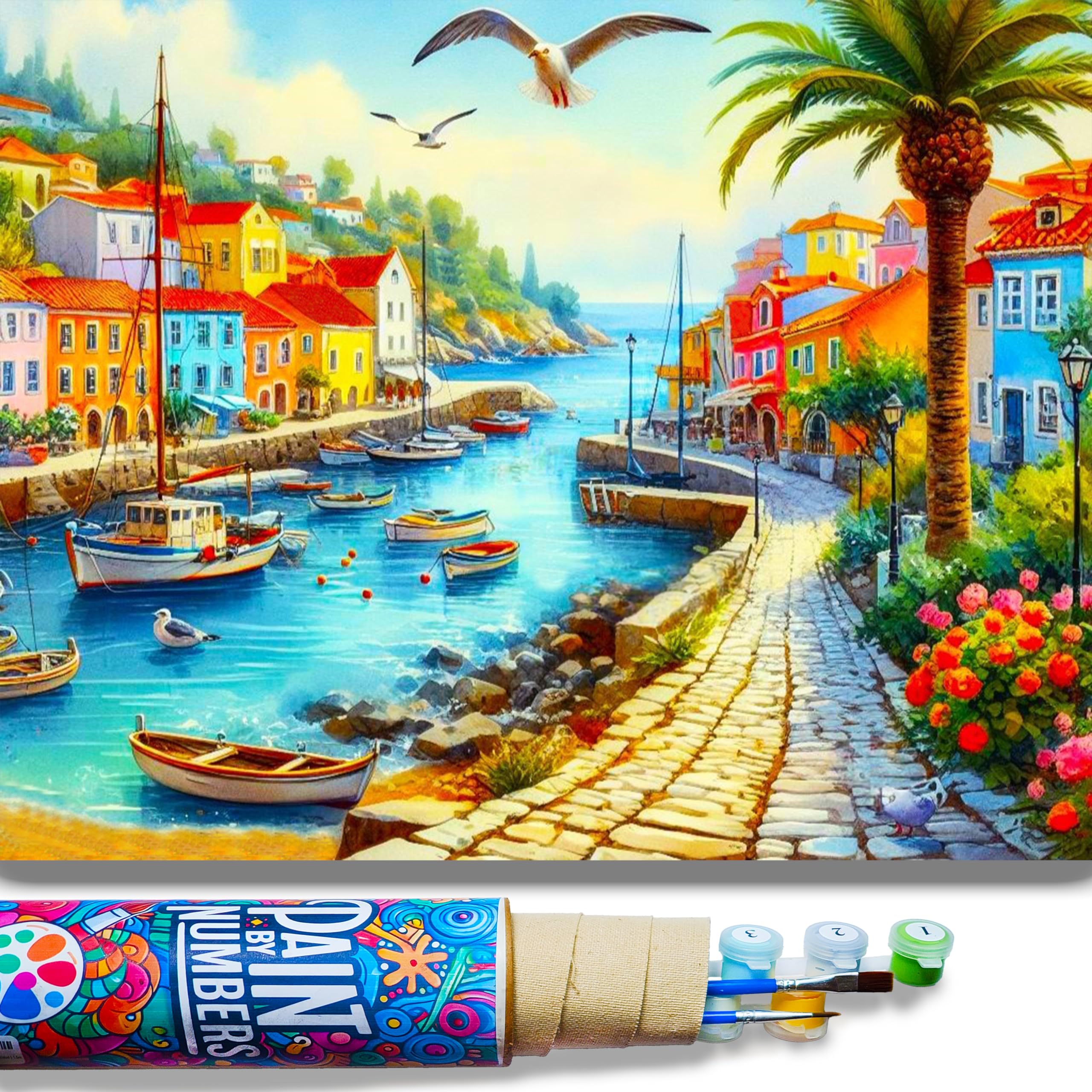 AmadArt Pintar por Números Adultos, DIY Pintura por Números, Kit de Pintura al óleo con Lienzo y Pinceles, Fácil para Principiantes, Regalo Original, 40 x 50cm, Mediterráneo