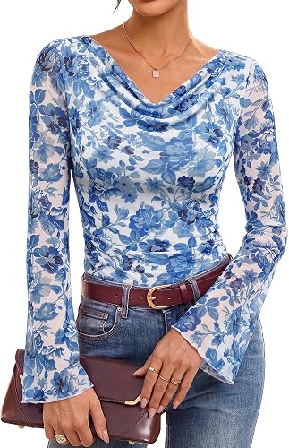 GRACE KARIN Women Boho Mesh Blouses Dressy Casual Cowl Neck Going Out Tops | Bell Long Sleeve Work Shirts, Y2K Floral Ruched Outfits, 2026 Fall Fashion Clothing