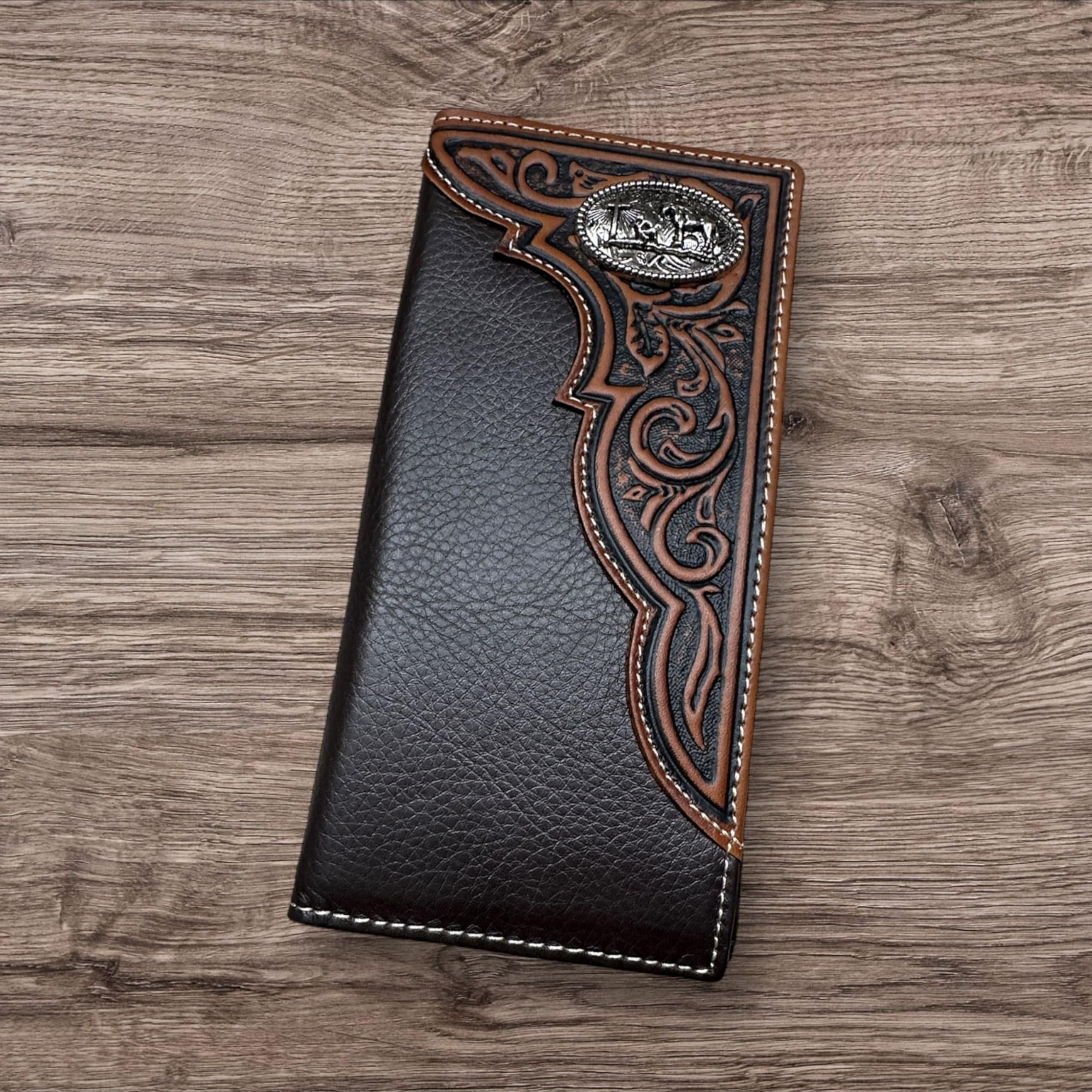 Coffee Leather Long Wallet - Floral Embossed, Bi Fold, Cowboy Praying Concho, Checkbook Style, Hand Crafted High End Mens Wallets