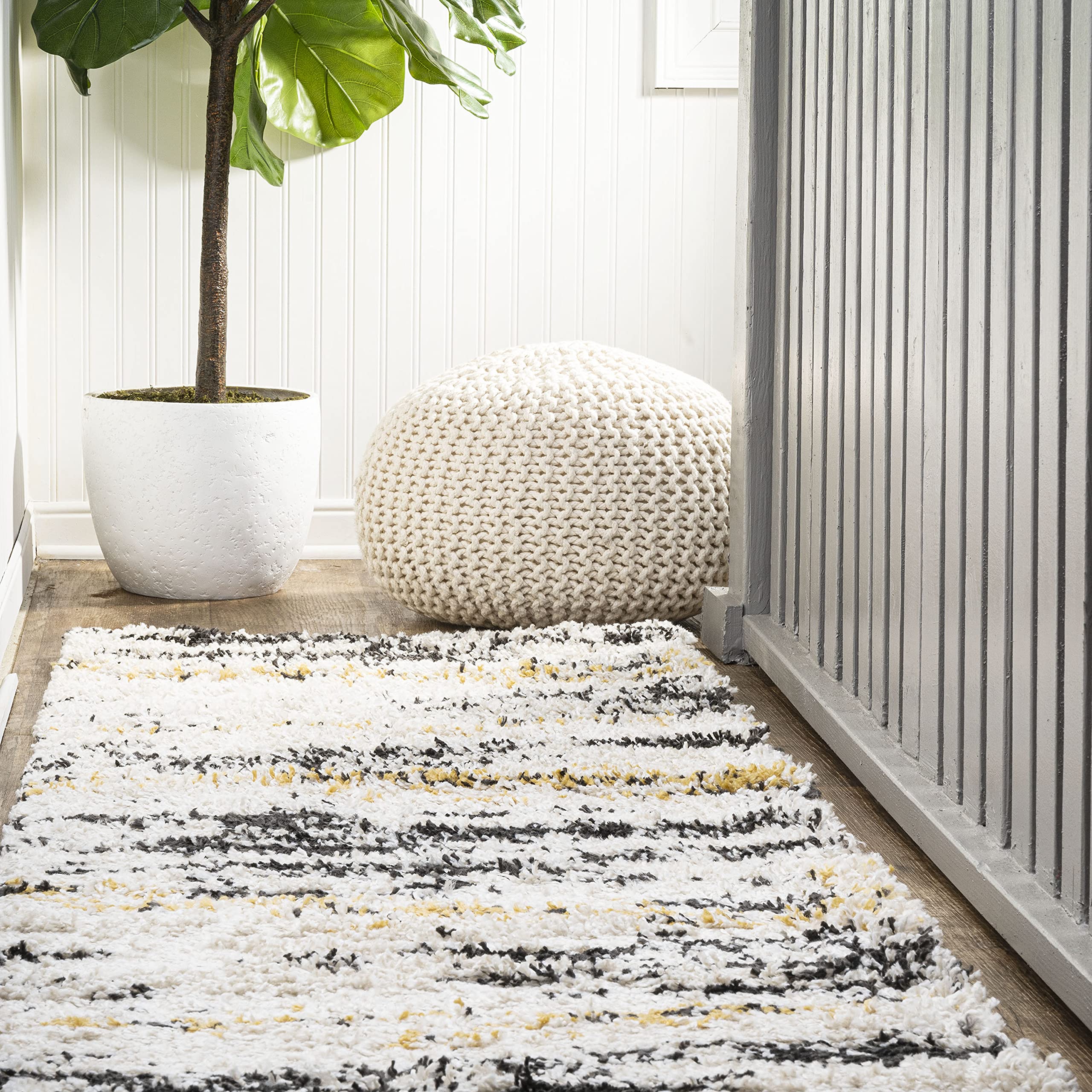 jonathan y strie' shag beige/black/yellow runner rug 2x8 ft, nova modern bold for living room, bedroom, kitchen, office, easy-cleaning, high traffic, pet-friendly, non-shedding shg102a-28