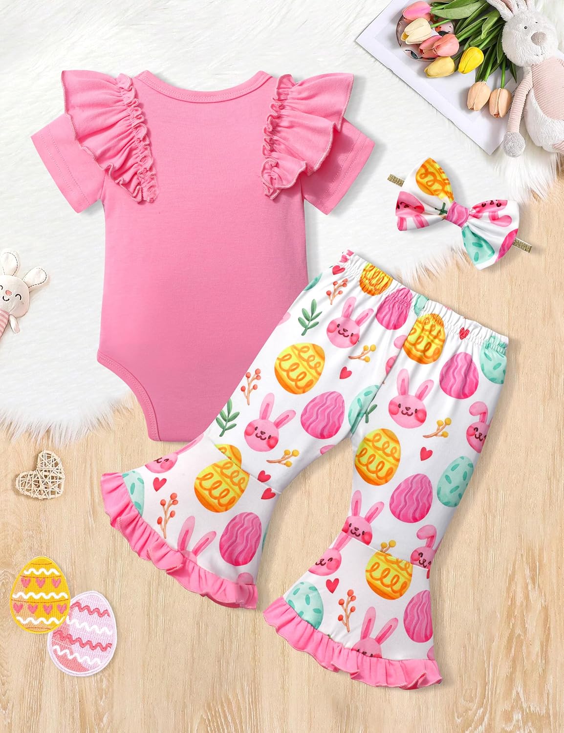 Oranchids Baby Girl Easter Outfit My First Easter Ruffle Sleeve Romper+Easter Eggs Bunny Bell Bottoms with Bow Headband 3Pcs