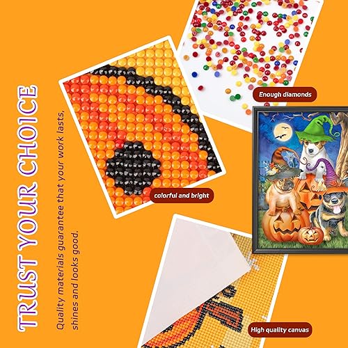 Miniatura 6 de Tontut Kit de pintura de diamantes de Halloween, juego de arte de diamantes 5D para adultos, diseño de animales, cachorro, luna, calabaza,
