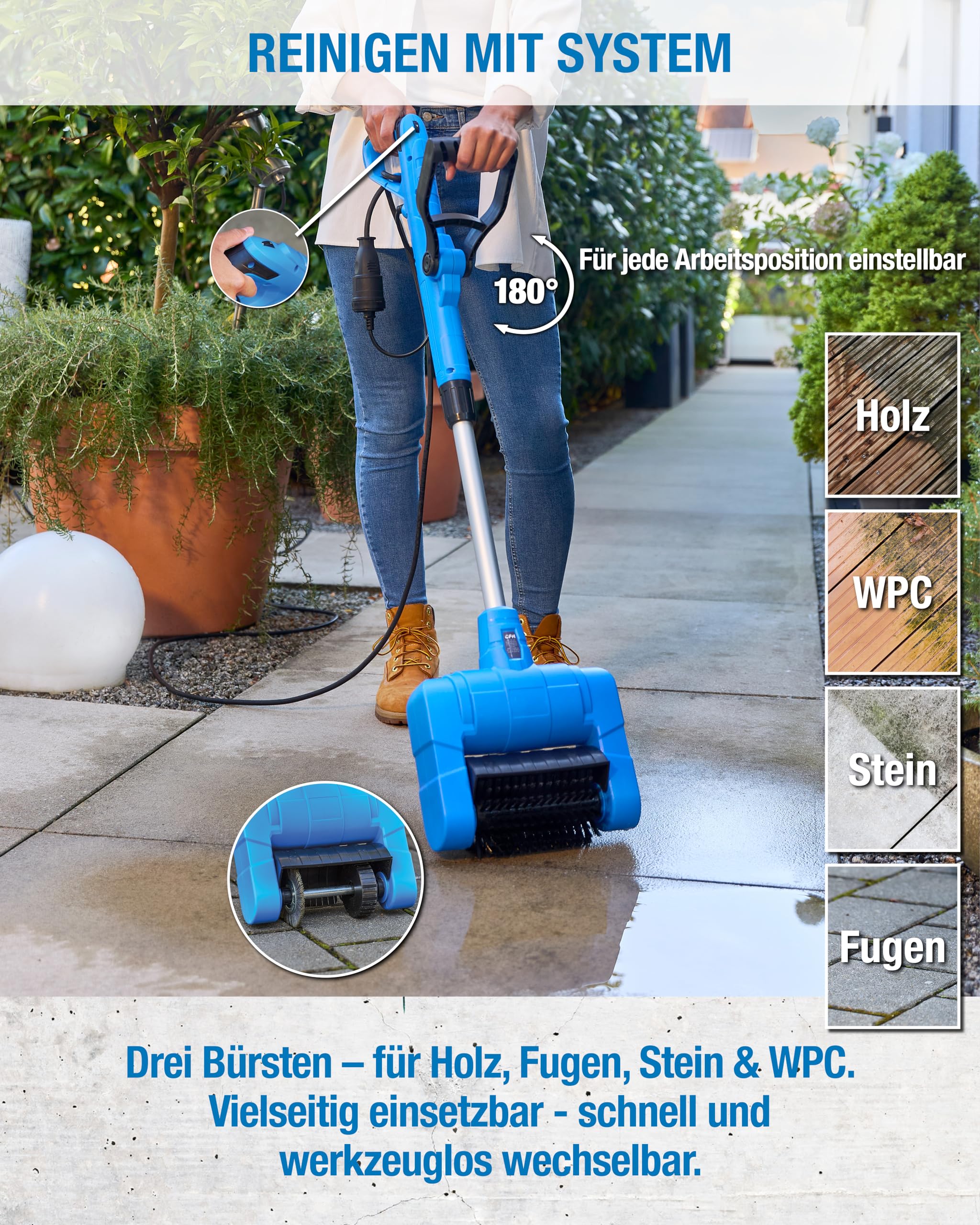 CFH E-Multifunktionsbürste EMB 684 - Fugenbürste elektrisch 230 V 500 W 750-1.300 U/min, Unkraut Entferner für Fugen & Flächen, Werkzeugloser Bürstenwechsel, Teleskopstiel, TÜV SÜD GS Zertifiziert