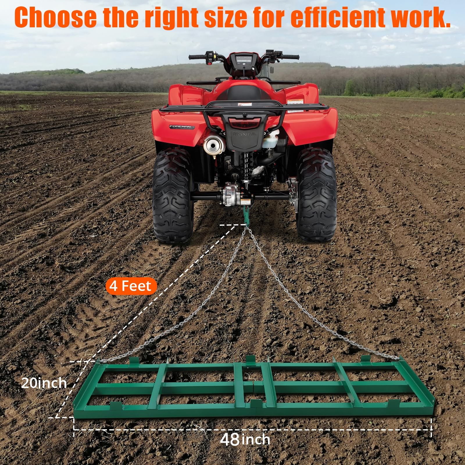 Rastrillo de arrastre de entrada, 48 pulgadas de ancho, rastrillo eléctrico para ATV, UTV, tractor, cortacésped, remolque detrás del patio, herramienta de nivelación de césped con cadena resistente de