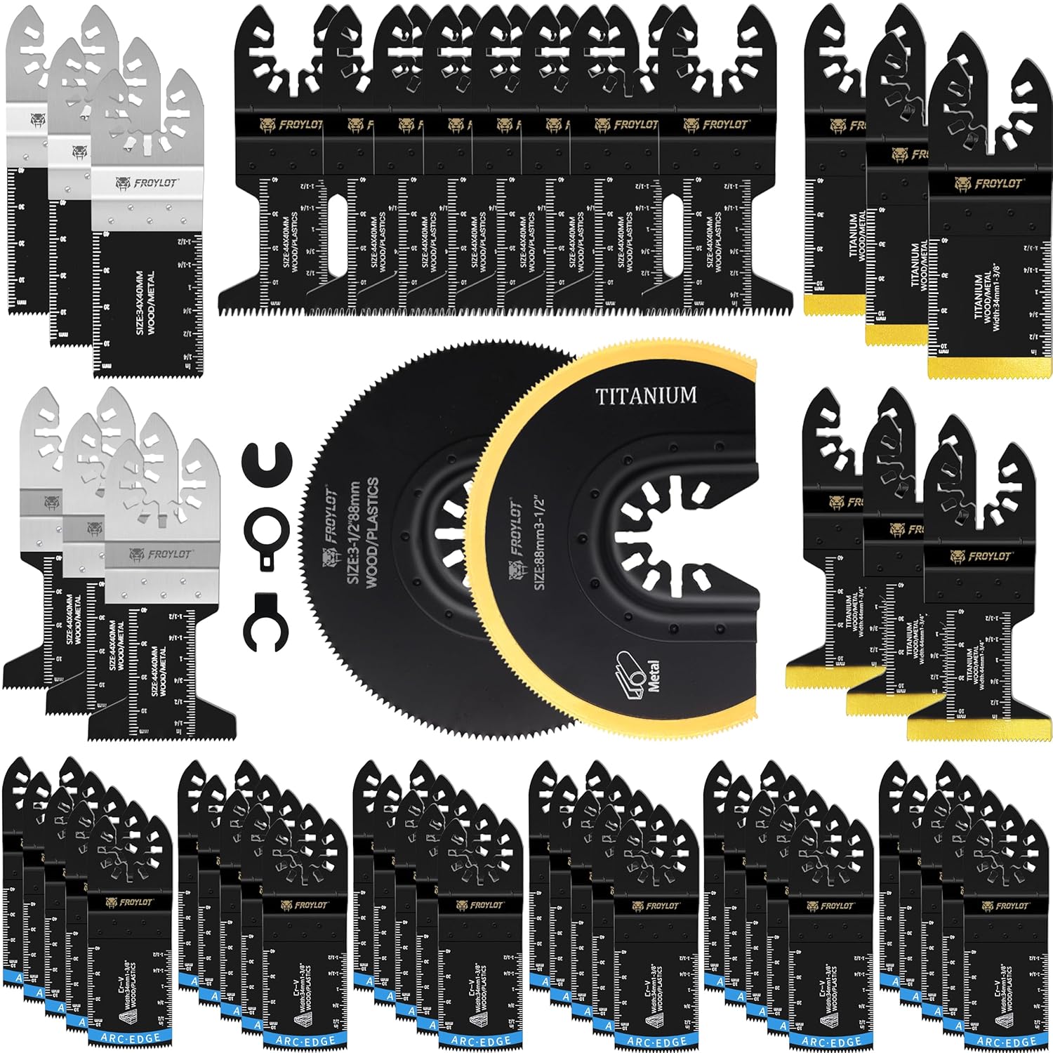 52 PCS Oscillating Multi-Tool Blades Kit, FROYLOT Titanium Bi-Metal Saw Blades - Ti/Arc/Japanese/Circle Teeth for Metal/Nail/Wood/OSB/Drywall -Universal Fit Dewalt Ryobi Worx Makita Oscillating Tools