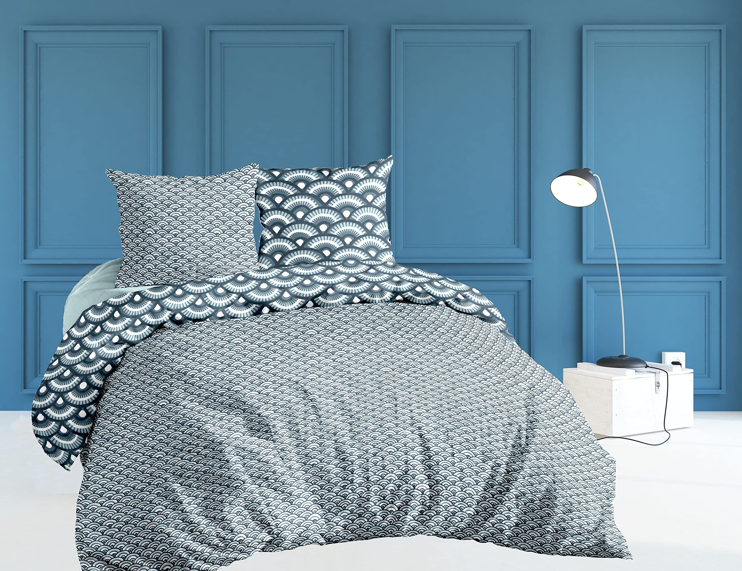 CALITEX3-Piece Bedding Set 260 x 240 cm Wave, 100% Cotton, Blue, 260 x 240 cm