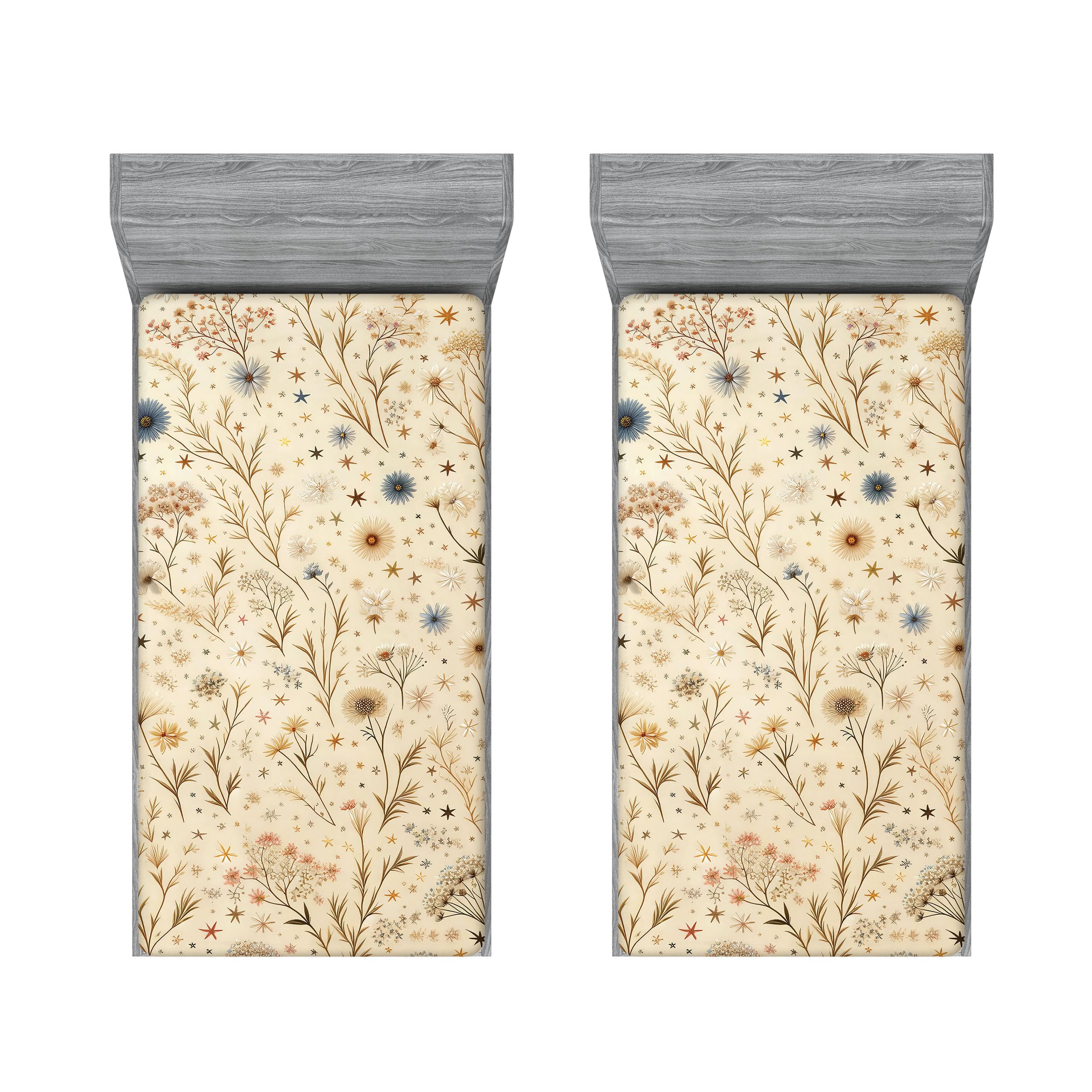 Ambesonne Floral Dream 2 Pack Fitted Sheet, Earthy Leaves Stars, Bed Cover All-Round Elastic Deep Pockets 2 Pieces, Package Contains 2 Twin XL Size Fitted Sheets, Pastel Brown Slate Blue