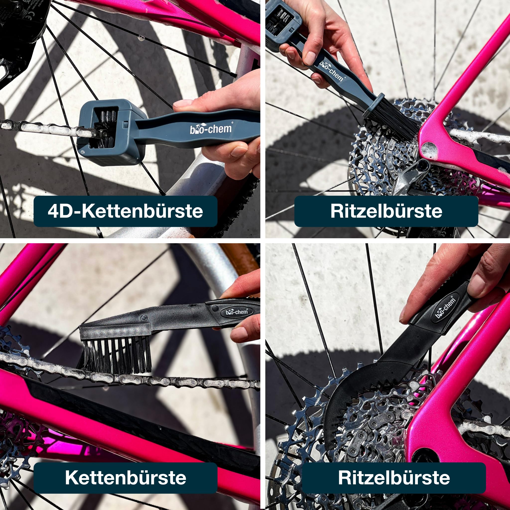bio-chem Fahrrad Zubehör Set 8-teilig für Reinigung & Pflege | Mit Bürsten, Waschhandschuh & Tüchern für MTB, E-Bike, Rennrad und Citybike | Fahrradreinigung & Pflege