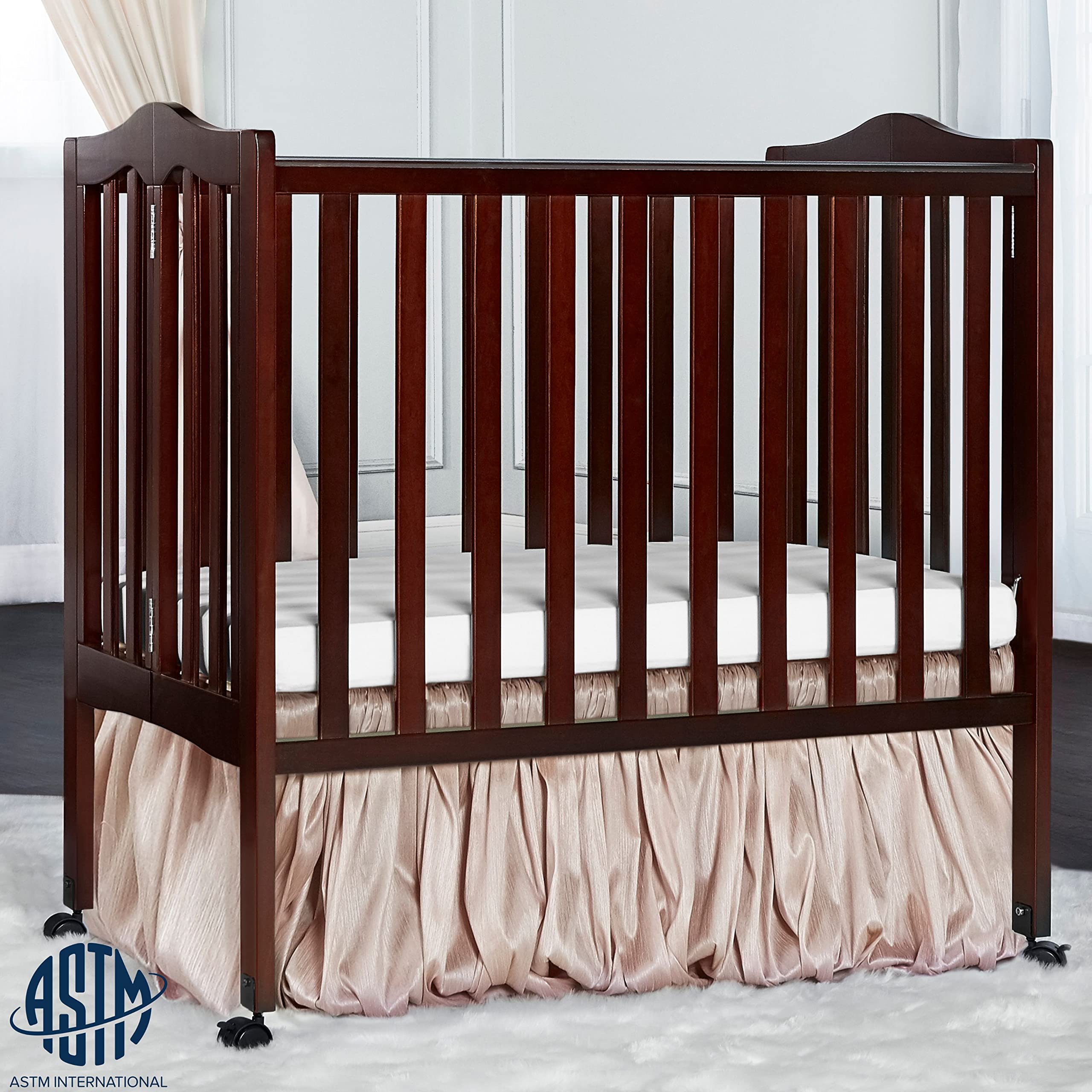 Dream On Me 2-in-1 Lightweight Folding Portable Stationary Side Crib in Espresso, Greenguard Gold Certified, Baby Crib to Playpen, Folds Flat for Storage, Locking Wheels