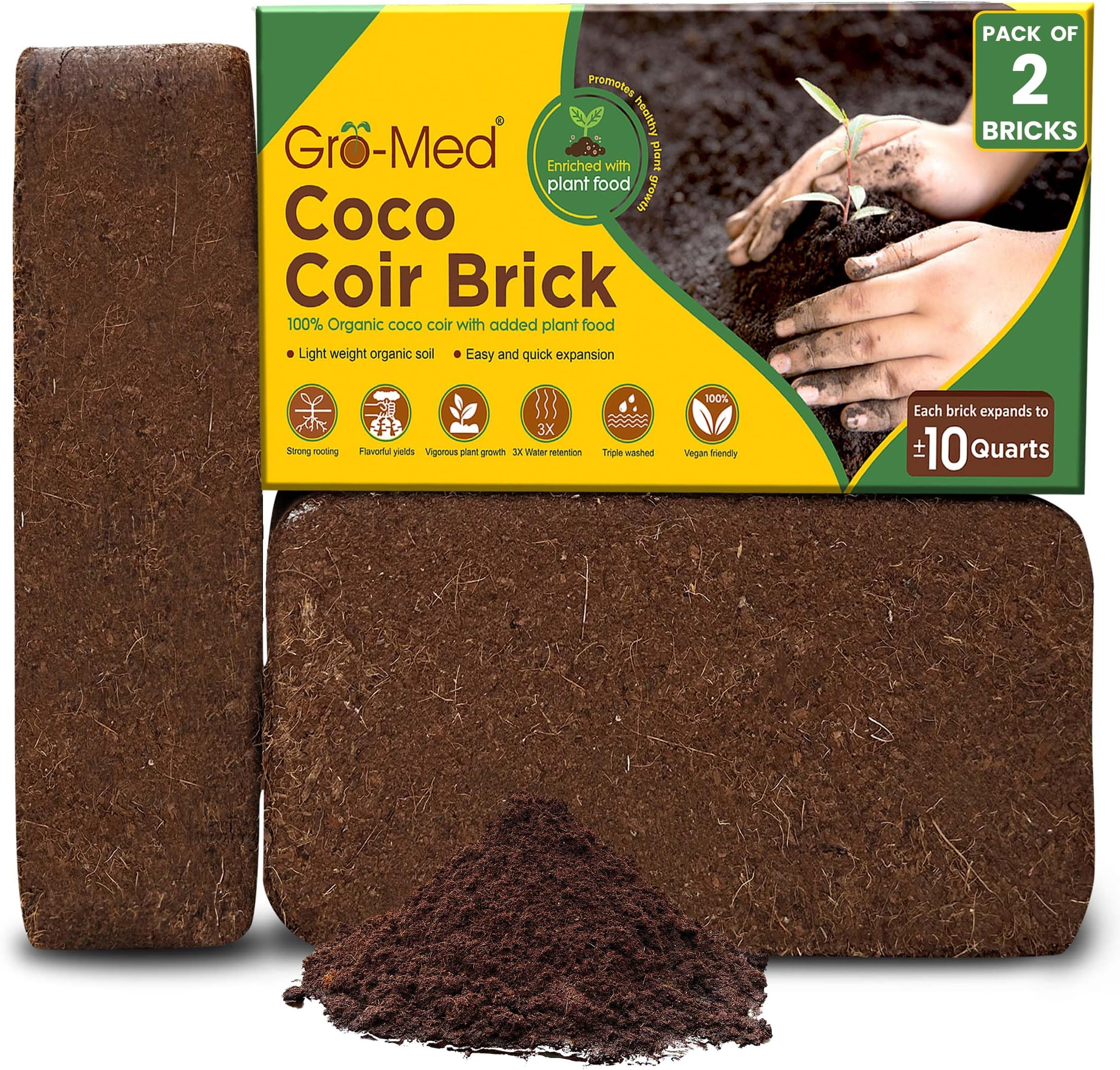 Gro-Med Coco Coir Brick 2s Pack โ 1.4 lb Each,Expands to 20 Quarts, Enriched with NPK, Organic Potting Soil Mix for Plants, Seed Starting,Herbs,Flowers and Ideal Reptile Bedding for Snakes & Terrarium