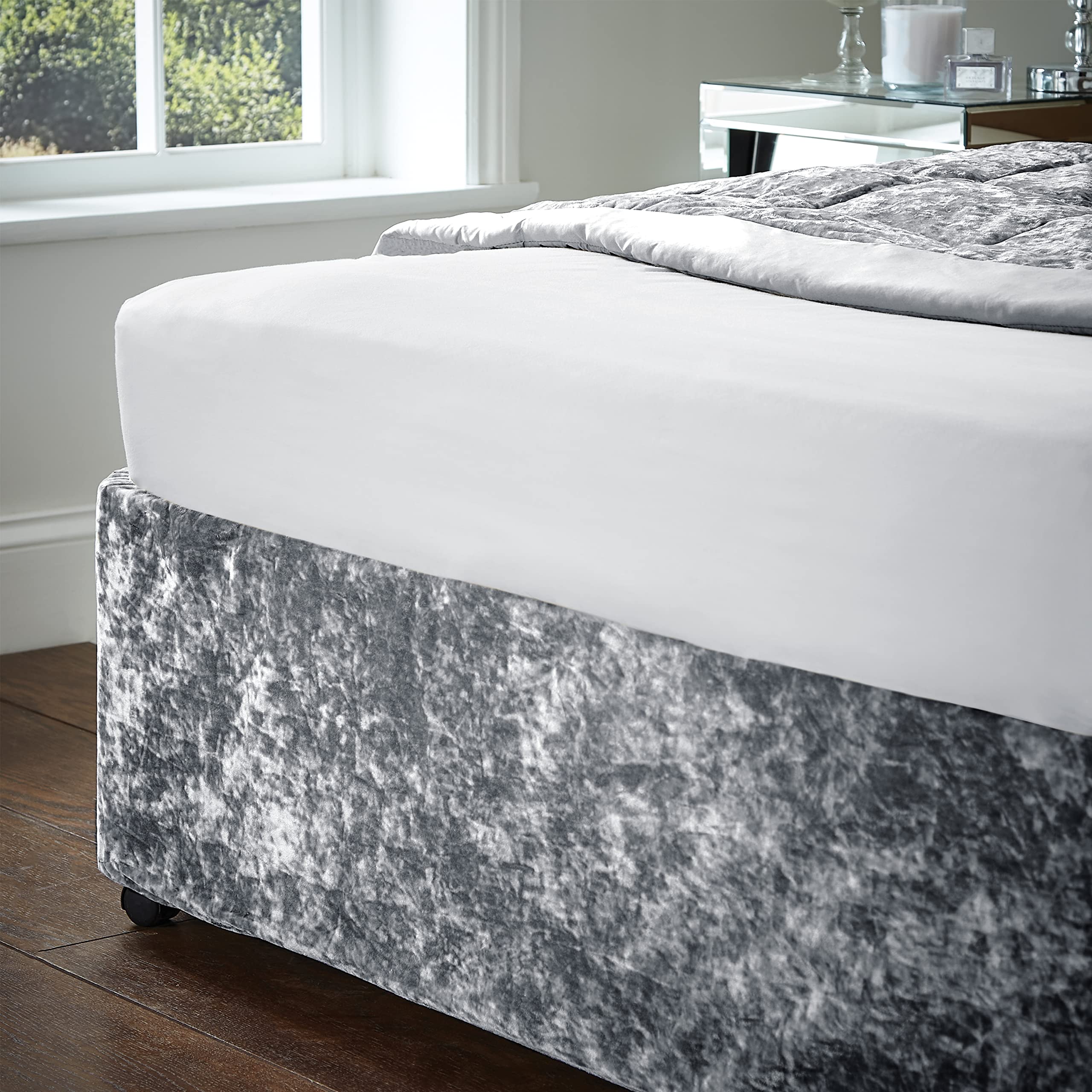 Tour De Lit En Velours Écrasé Gris Argenté - Entièrement Élastique, Adaptable Aux Lits Simple, Double, King Size, Super King Size - 3