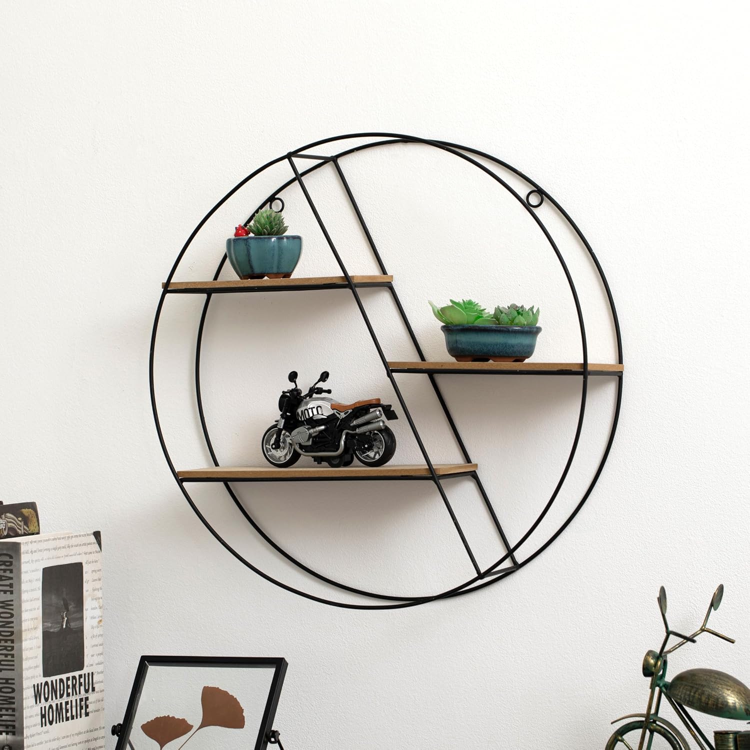 Vintiquewise Elegant 3-Tier Decorative Floating Circular Silhouette Wall Shelf - Circular Metal and Wood Wall-Mounted Shelf for Entryway, Bathroom, Bedroom, and Living Room Decor, Black Finish image 2