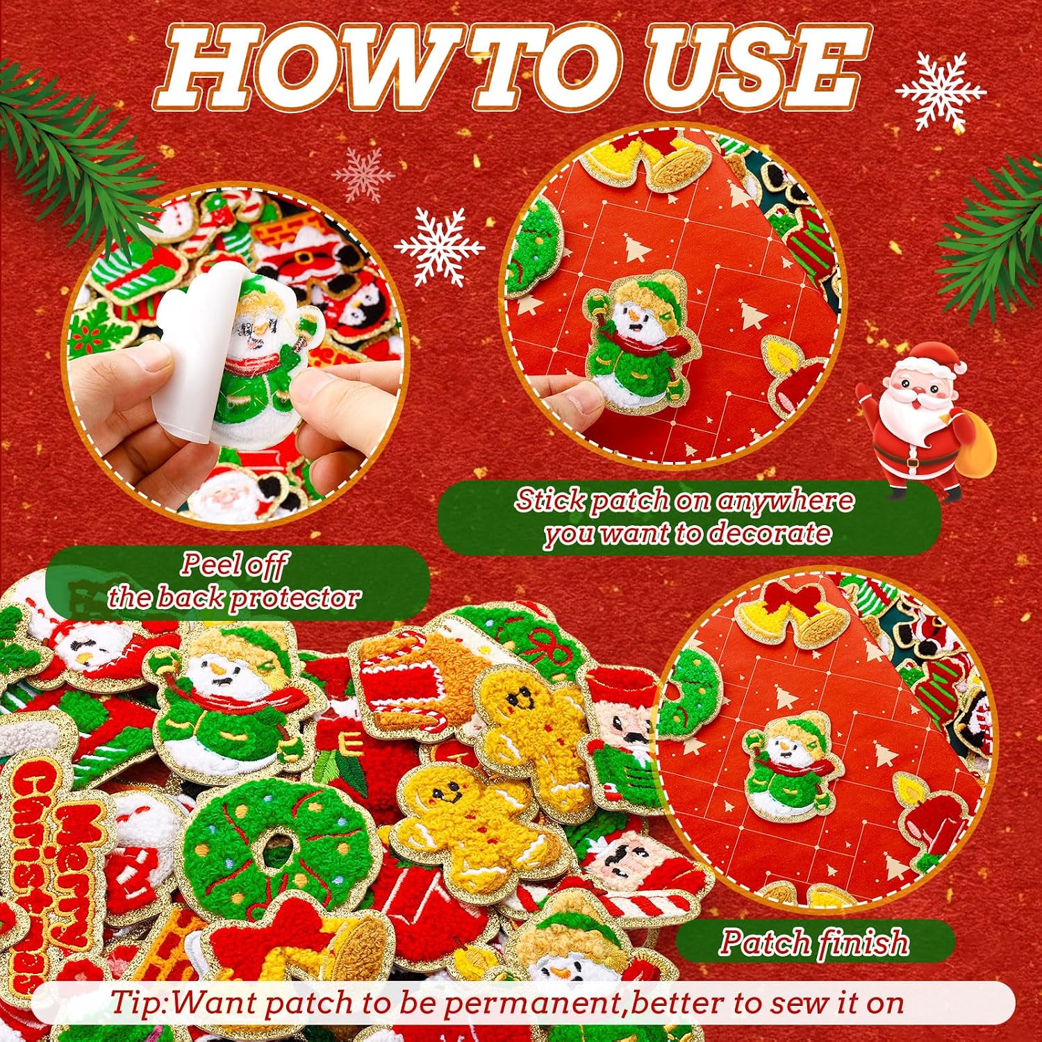 50 Pcs Red Green Christmas Patches Self Adhesive Chenille Patch