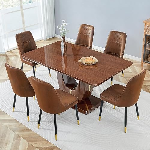 Miniatura 21 de JUFU Juego de mesa de comedor moderno para 6, juego de mesa de cocina de 63 pulgadas con mesa de mármol sintético y 4 sillas tapizadas de piel