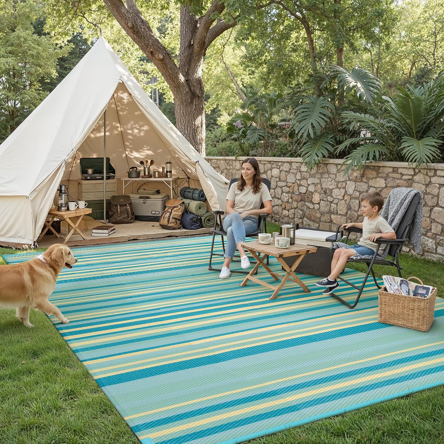 Outdoor Plastic Straw Rug Waterproof Patio 9x12 Teal Yellow Stripe Mat for Porch Camping RV Balcony Deck Courtyard Reversible Lightweight Durable Portable Carpet