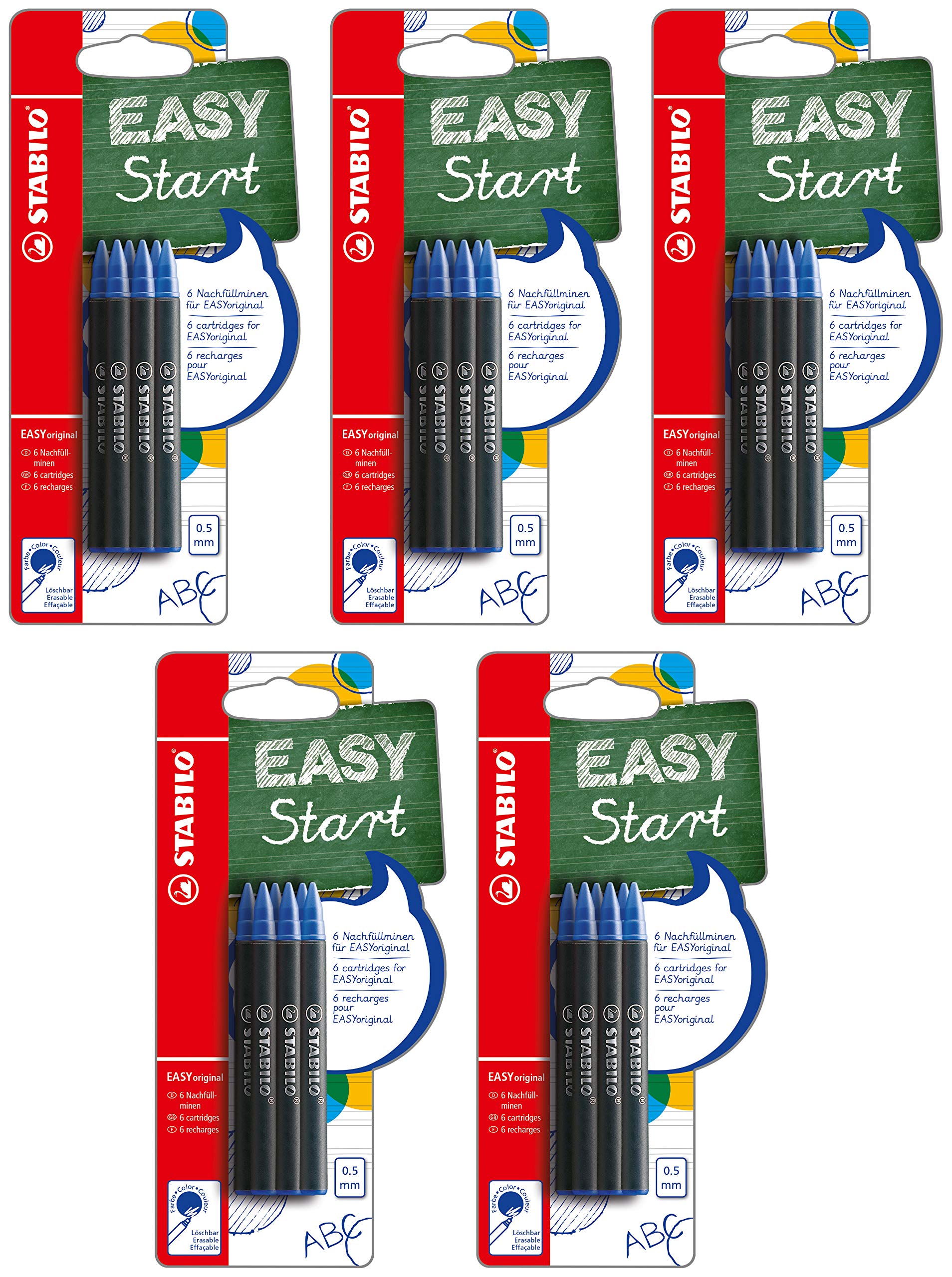 STABILO EASYoriginal Lot de 5 paquets de 6 cartouches d'encre à remplir, taille moyenne, encre bleue (effaçable)