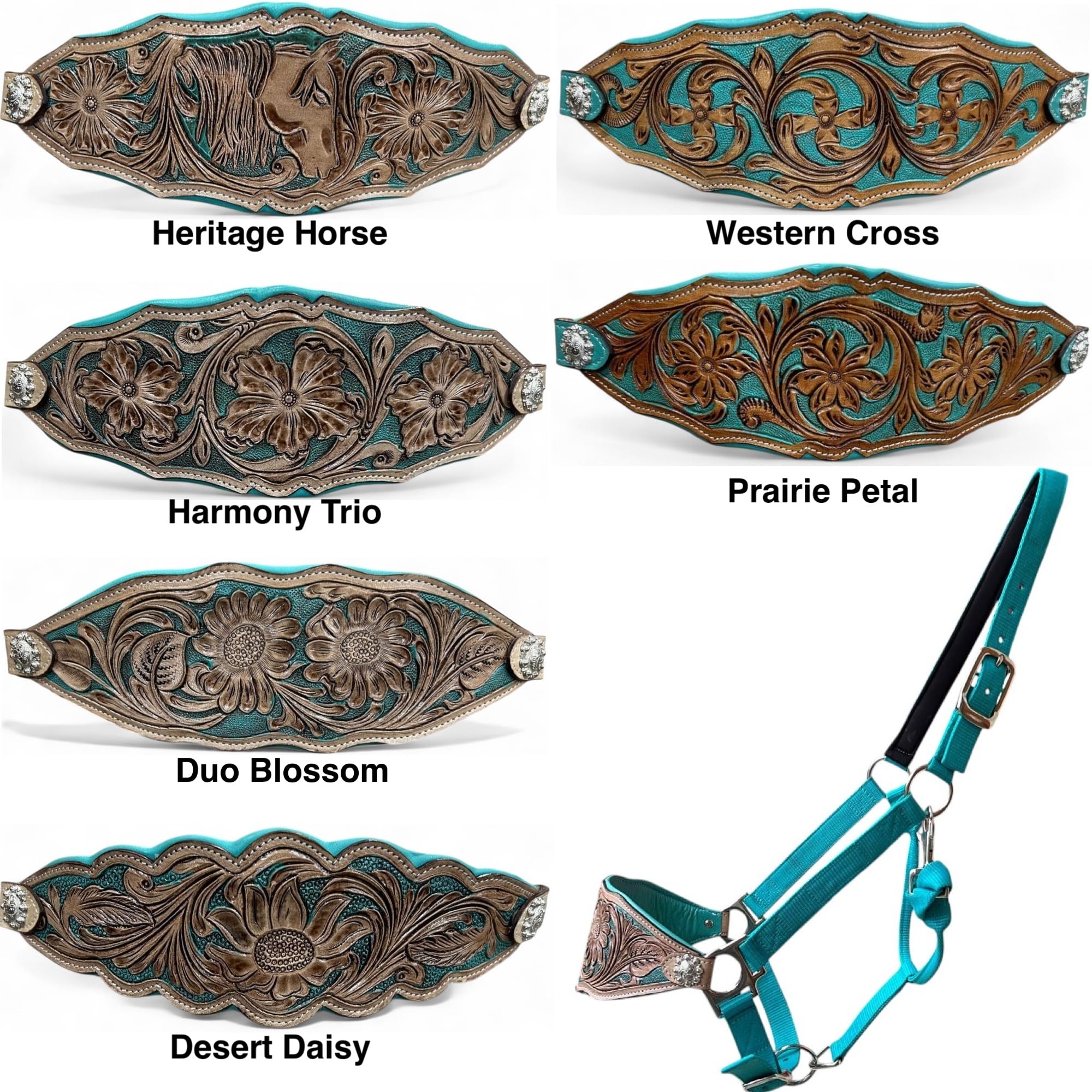 Majestic Ally Western Horse Bronc Halfter, türkis, gepolstertes Leder-Reithalfter, Antik-Finish, gedrehtes Blumendesign, verstellbares Nylon