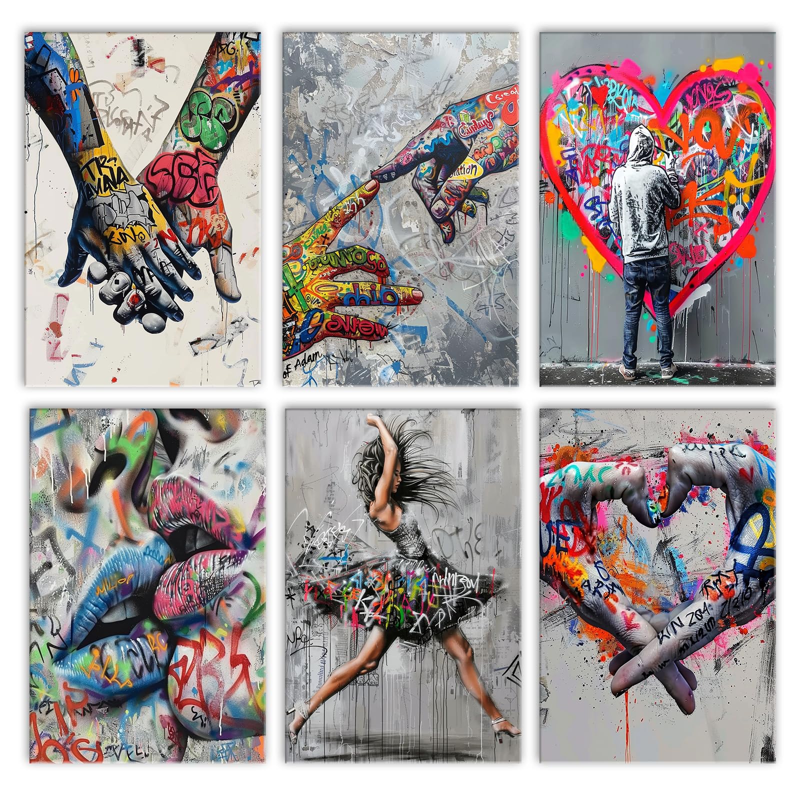 Walarky Graffiti Drawing Lips Hearts Hand in Hand Dancing Girl Boy Artwork Paint by Number Adults Set of 6 Digital Oil Painting Frameless