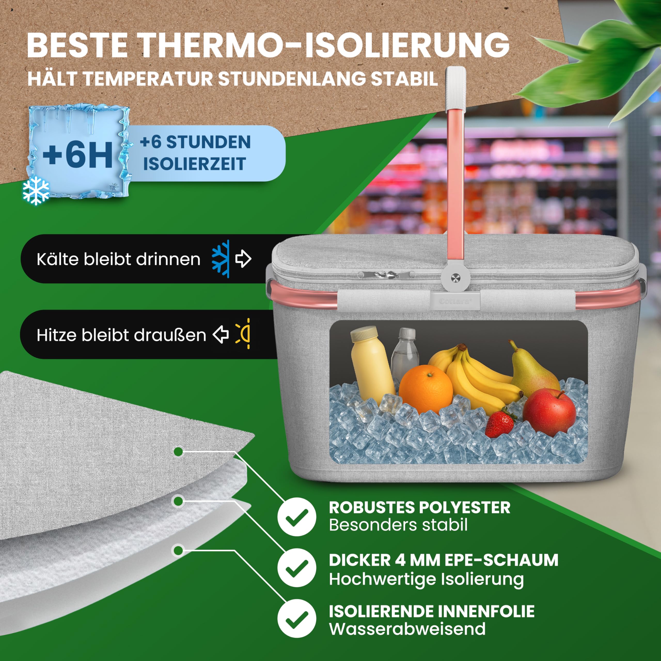 Cottara® Grand panier isotherme avec couvercle, fond renforcé, compartiment avant avec fermeture éclair, idéal comme panier isotherme ou panier de pique-nique (gris clair rose)