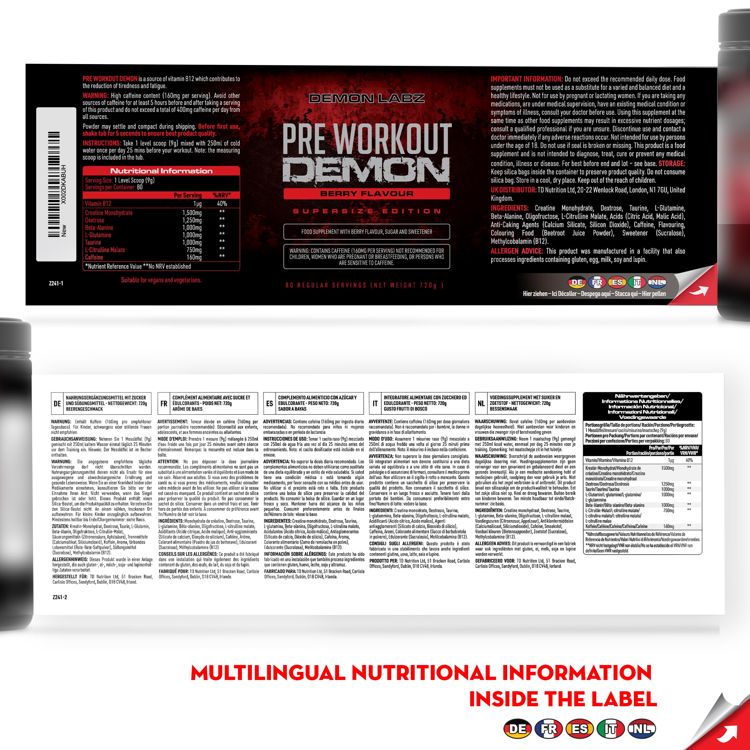 Pre Workout Demon - Pré-Entraînement Créatine (Fruits Rouges, 720g) | Booster pré-entraînement en poudre avec 160mg de caféine par dose, créatine, bêta-alanine, citrulline, glutamine et taurine