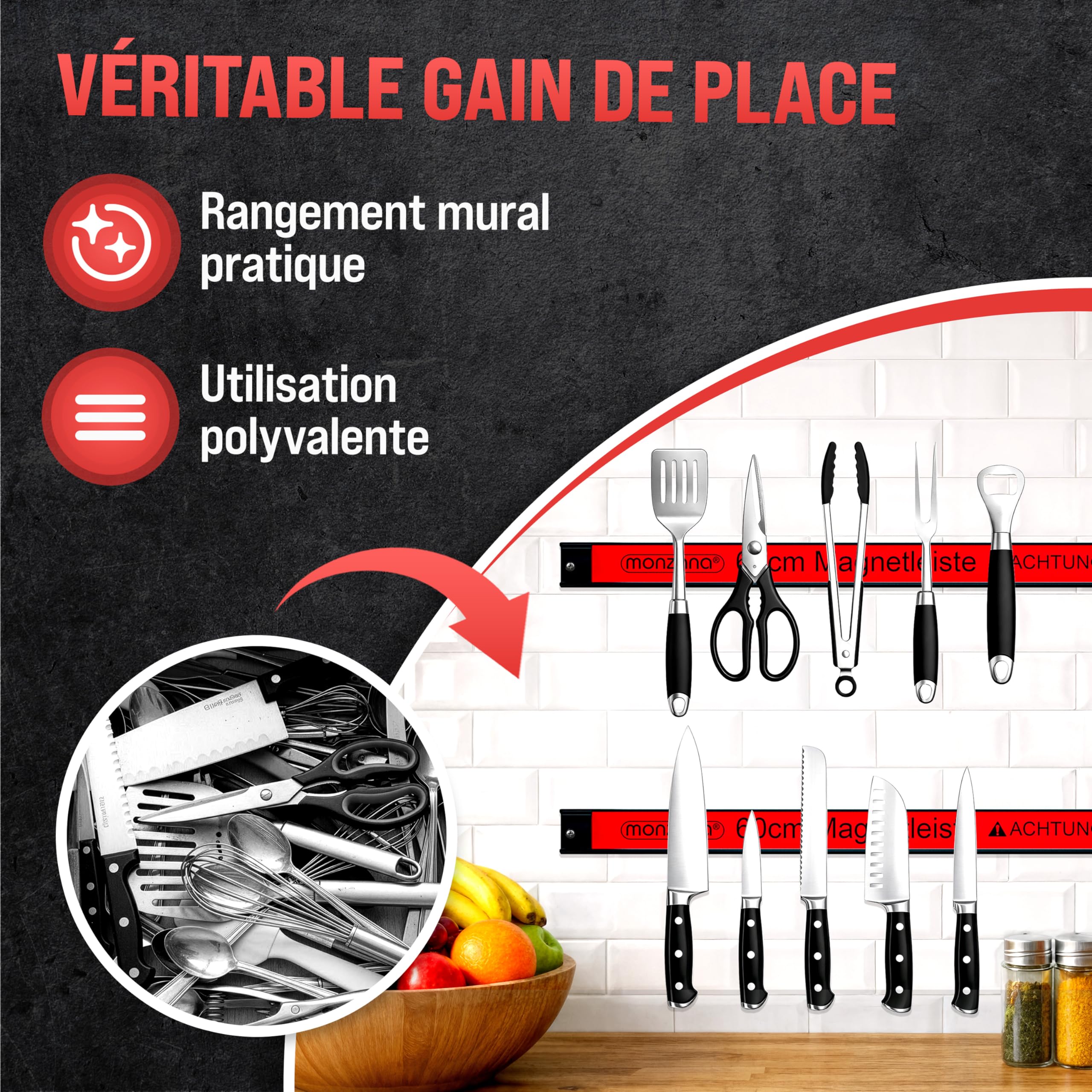 DEUBA® Barre magnétique pour outils 60 cm aimant puissant charge max. 23 kg
