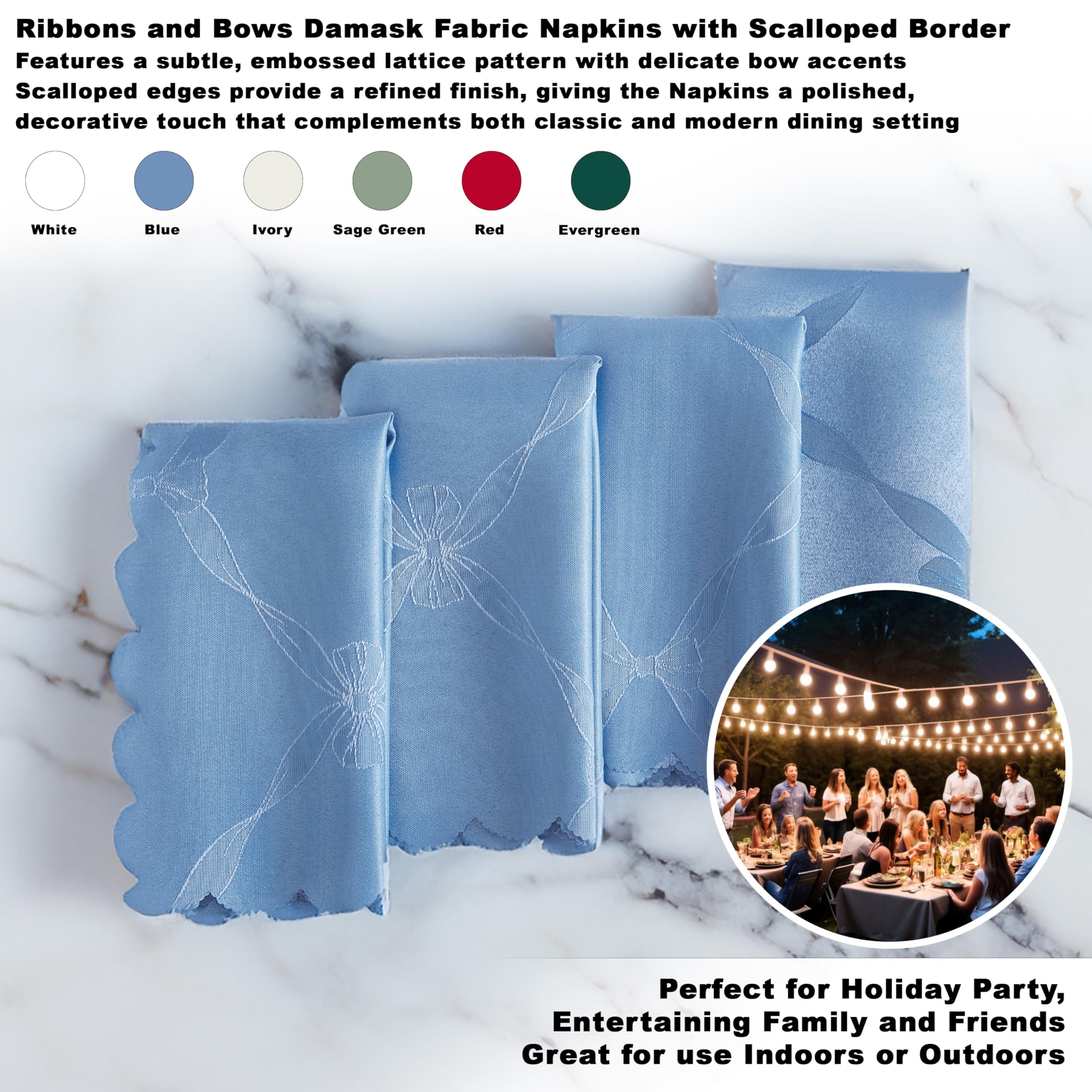 Newbridge Ribbons and Bows Damask Fabric Napkins, Set of 4 – Wrinkle and Stain Resistant Cloth Napkins for Dining, Parties, and Holidays, Blue