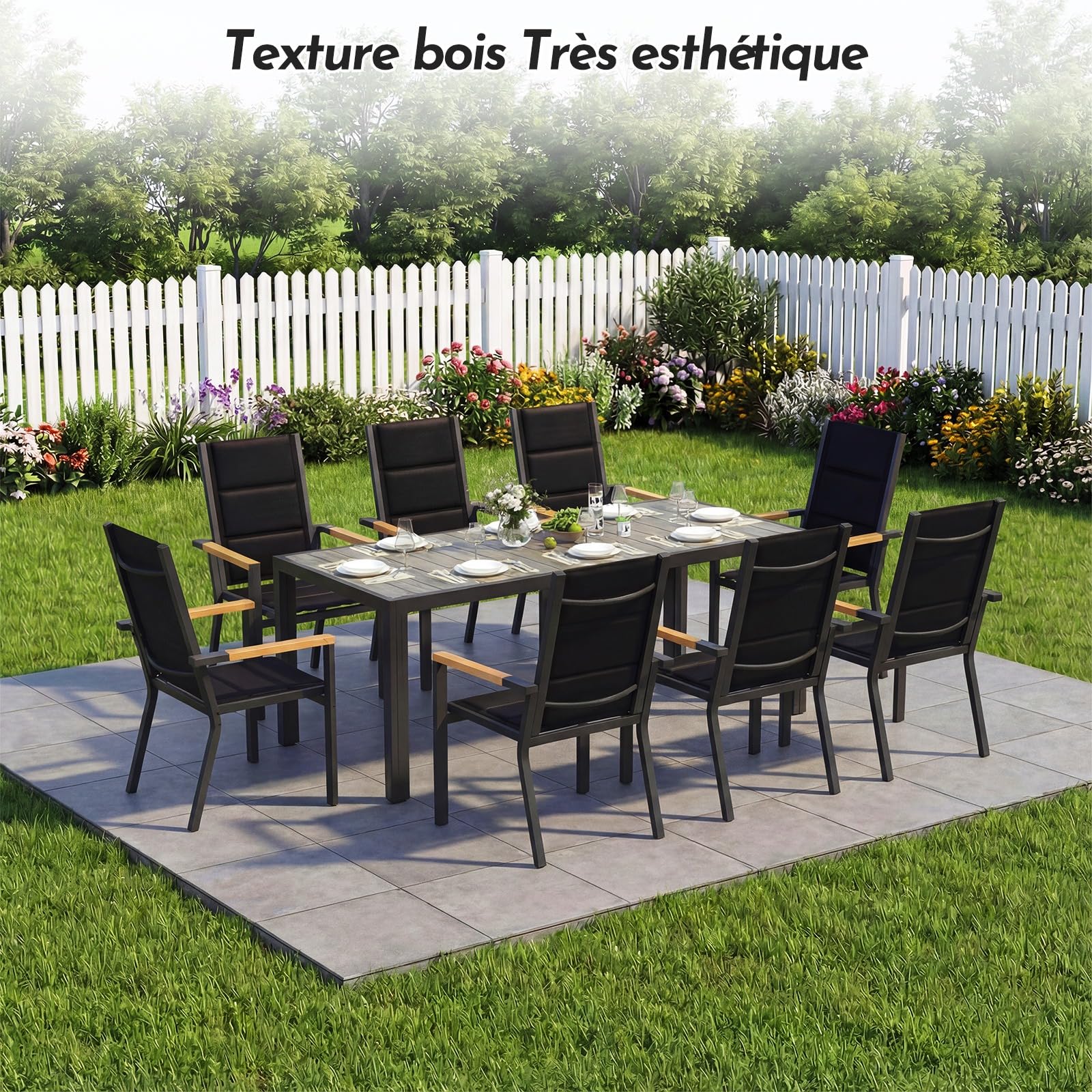 Devoko Salon de Jardin Exterieur 8 Personnes, HDPS Table de 189 cm et 8 Chaises Empilable d'Extérieur en Aluminium Durable, Design à Veine de Bois, Idéal pour Cour, Terrasse ou Bord de Piscine, Gris