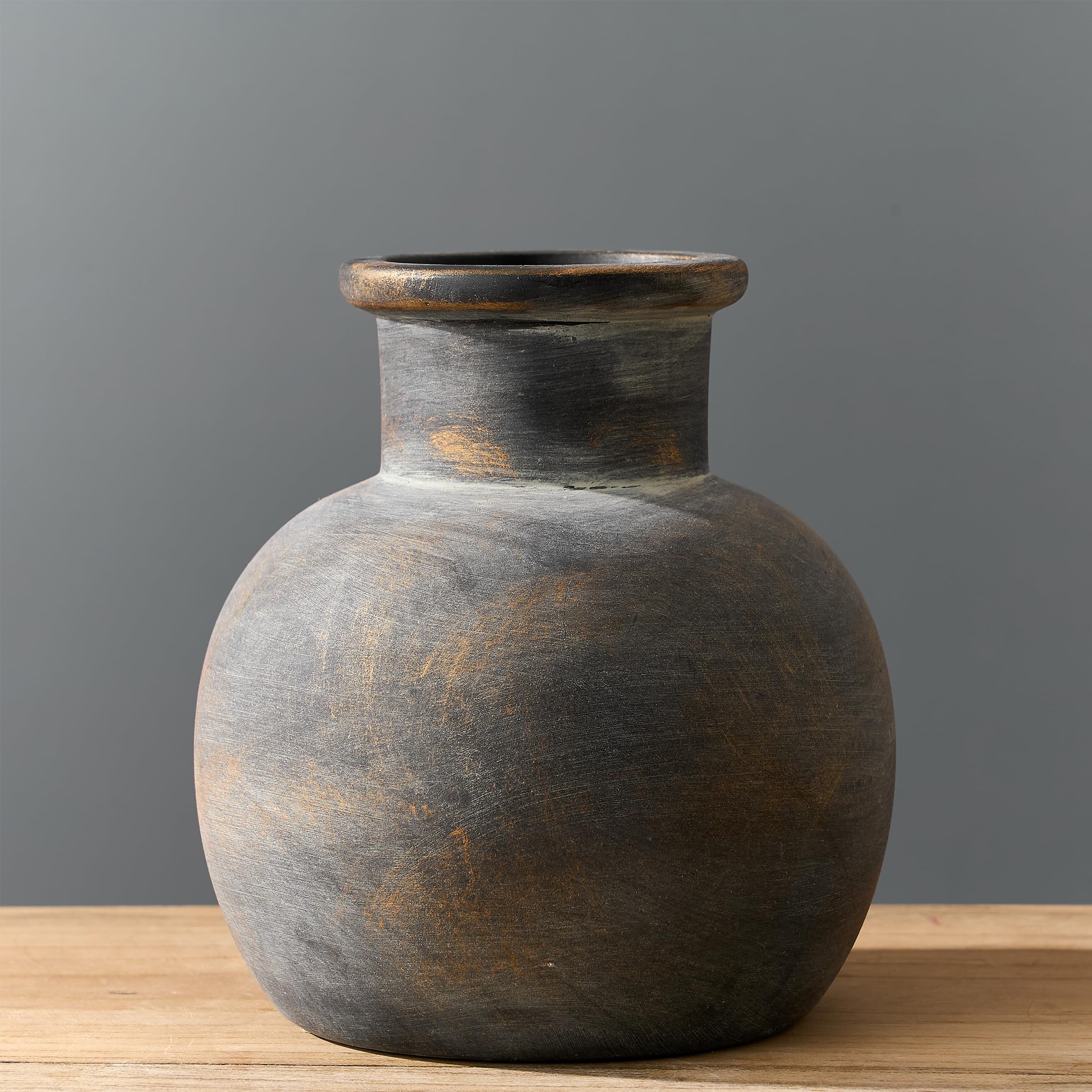 PORCER Jarrón de cerámica antiguo de 6 pulgadas, terracota bohemia decoración de granja, jarrón rústico para decoración del hogar, sala de estar, entrada, boda, bronce