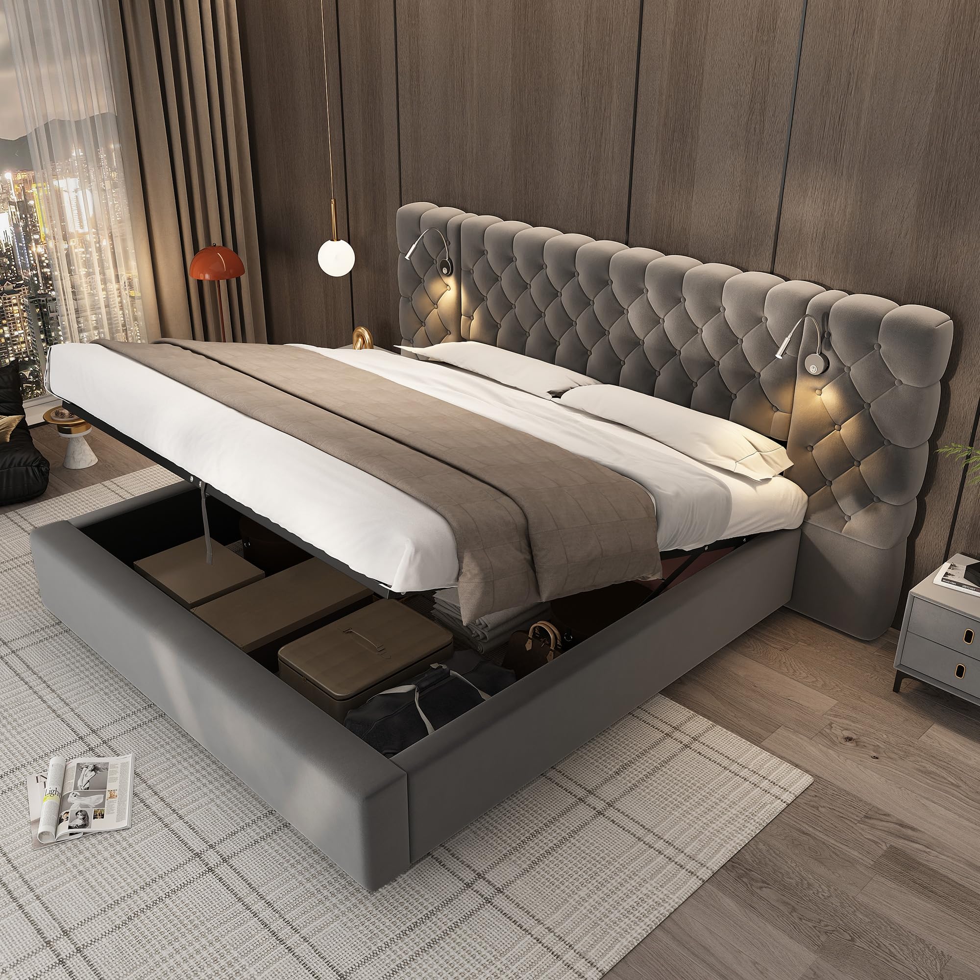 Cama Tapizada 180x200, Cama Doble con LED iluminación y Espacio de Almacenamiento, Hidráulica Modern Cama Matrimonio Juvenil con Cabecero Ancho y Suave y Somier, Gris, Terciopelo, Sin Colchón