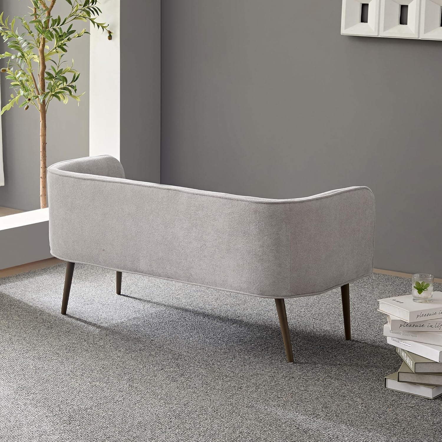 Bedroom Bench and Entryway Bench with Low backrest and armrests, Gray Fabric,Inside Sturdy Metal Frame