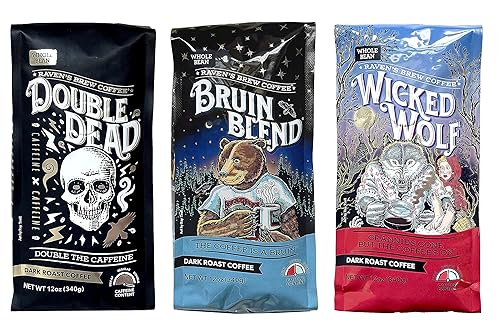 Ravens Brew - Paquete variado de café en grano entero 3 sabores deliciosos doble muerto mezcla de bruin y lobo malvado 12 onzas cada uno